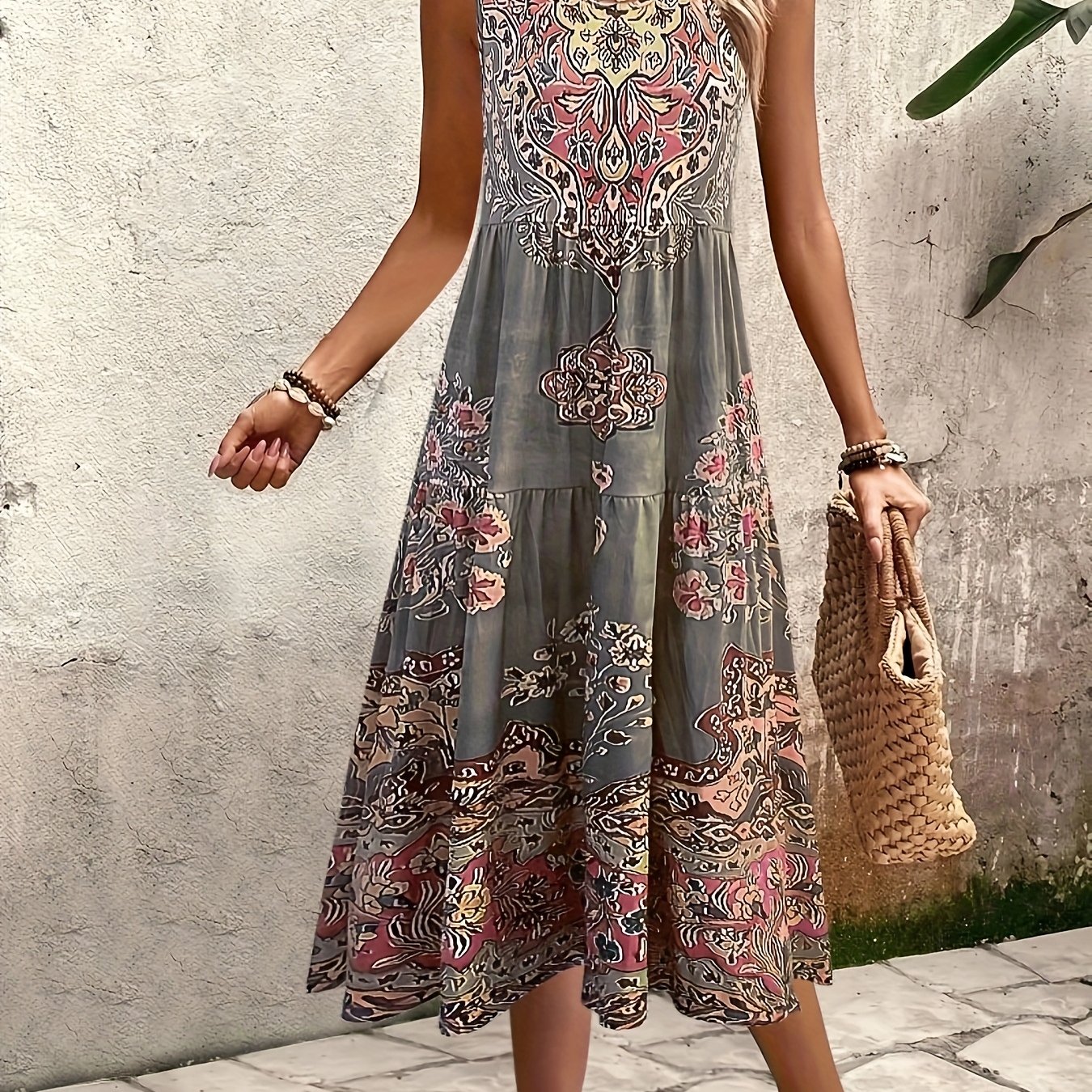 E-shop Neues Europäisches und Amerikanisches Sommer Ärmelloses Weste-Kleid mit Urlaubsdruck für Frauen