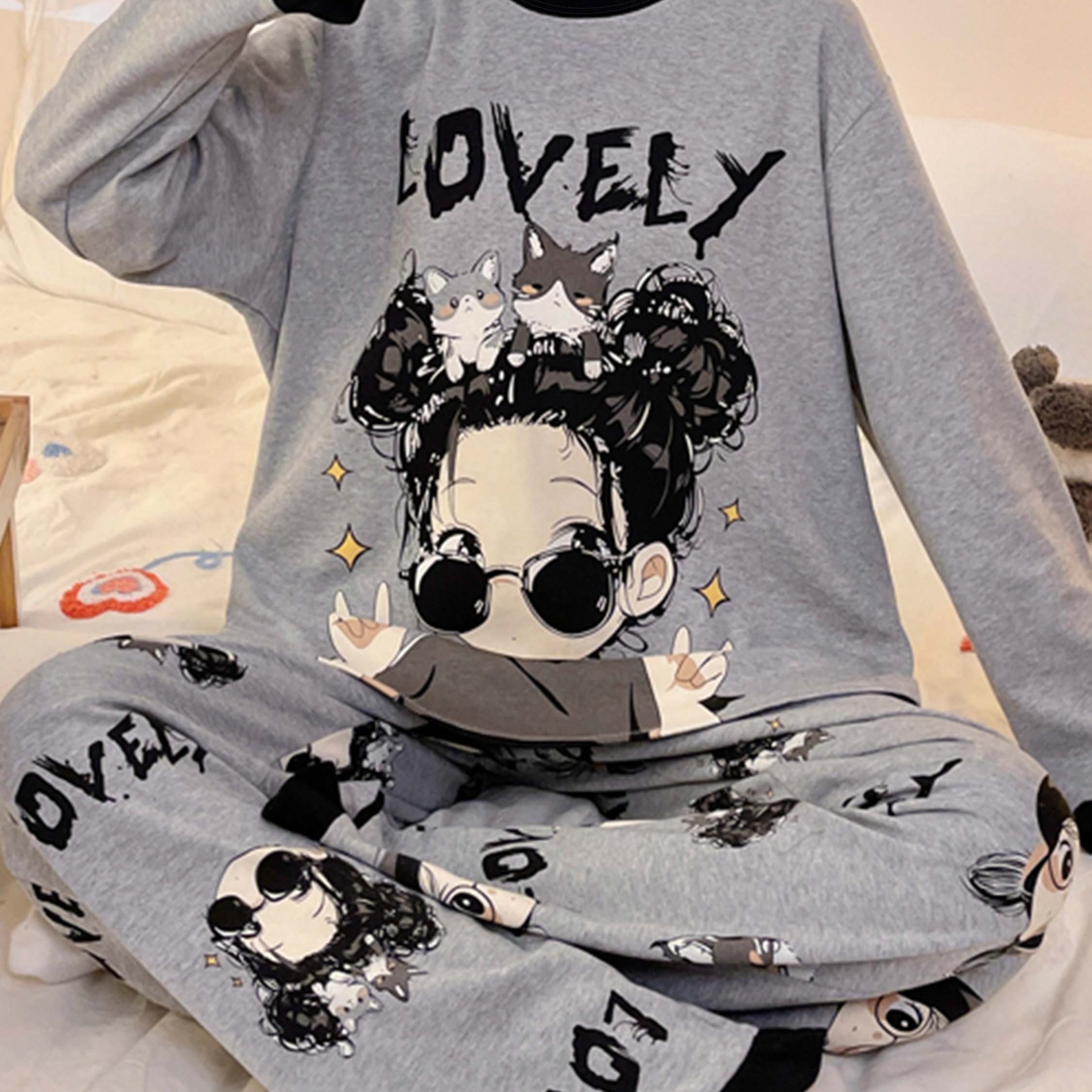 TEMU Ensemble de pyjama à manches longues , haut avec motif de dessin d'une fille avec des lunettes et des queues de cheval, motif de chat sur , à l'