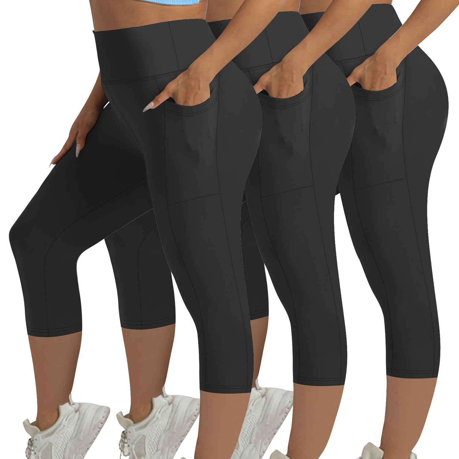 E-shop Plus Size, 3er-Pack – Plus Size High-Waist Po-Hebende Formende Caprihosen mit Seitentaschen, Dehnbarer Stoff, Bequem – Neuer