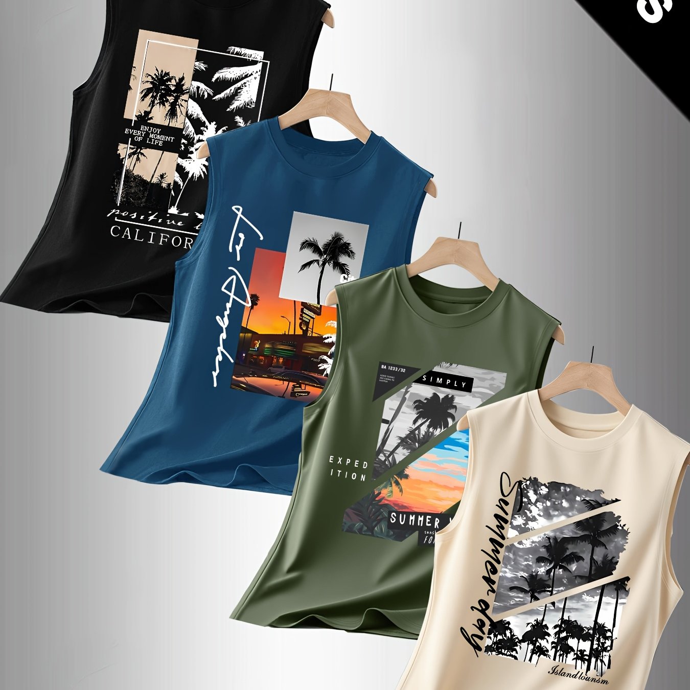 TEMU Men's Casual Sport Tank Top 4pcs Set- Summer Cooling Outfits, For Spring-to-summer, Gym, Golf, Camping, Sports