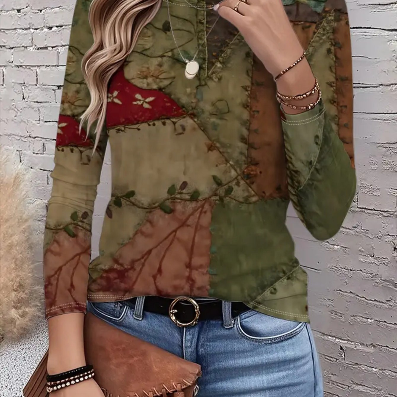 Women's 3d Olive Green And Brown Print Long Sleeve Casual T-shirt - Soft Medium Stretch Fabric, Round Neck, Relaxed Fit, Comfortable Wear - Perfect For Daily Life, Work, Or Leisure