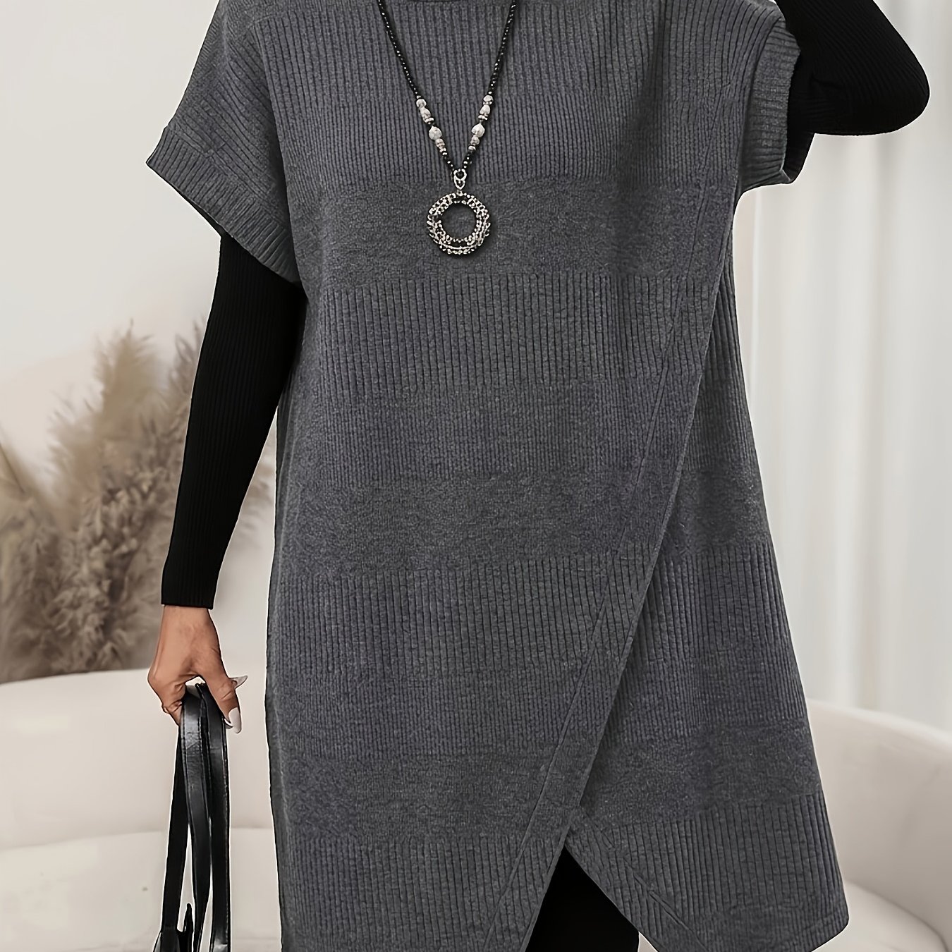 TEMU Women's Pullover Sweater, Fall Winter Women's High Neck Chunky Pullover Sweater Asymmetrical Hem Batwing Sleeve Mid-length Top Long Sleeve Dress
