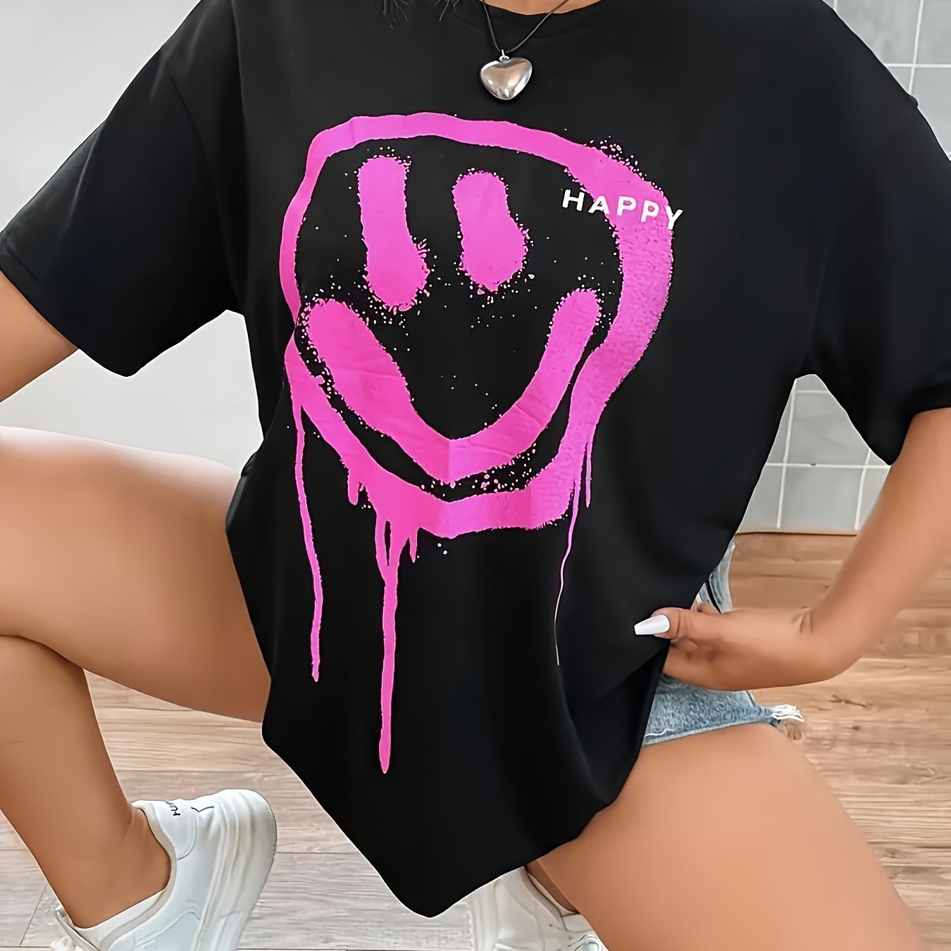 TEMU Graphic Print Drop Shoulder T-shirt, Short Sleeve Crew Neck Casual Top For , Women's Clothing