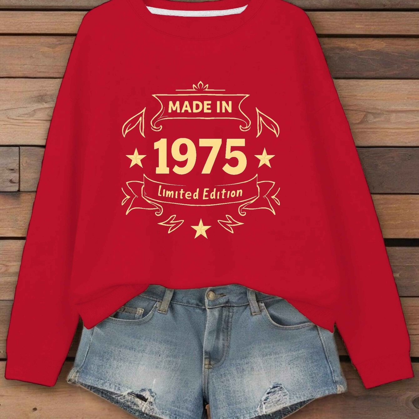 TEMU Women's 1975 Edition Crew Neck Sweatshirt, Casual Polyester Knit Fabric, Geometric Pattern, Fall/winter Season, 250g/m² Weight, Comfortable