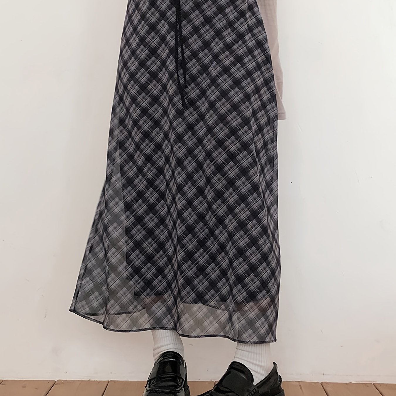 TEMU Jupe trapèze taille haute patchwork dentelle, jupe mi-longue à nœud et imprimé à carreaux rétro streetwear, jupe longue décontractée d'été pour