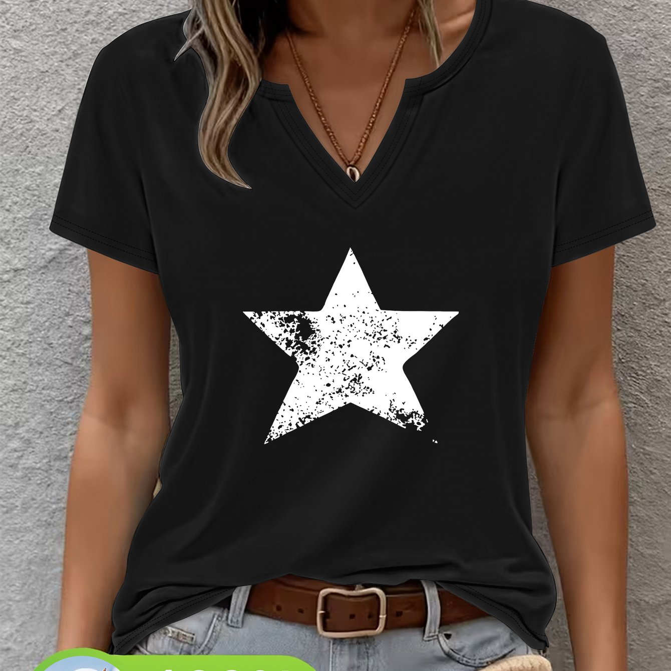 TEMU Women's Spring/summer Fashion Casual 100% Short Sleeve V-neck T-shirt, Simple Black Pentagram Print Design Tee, Comfortable And Breathable Top