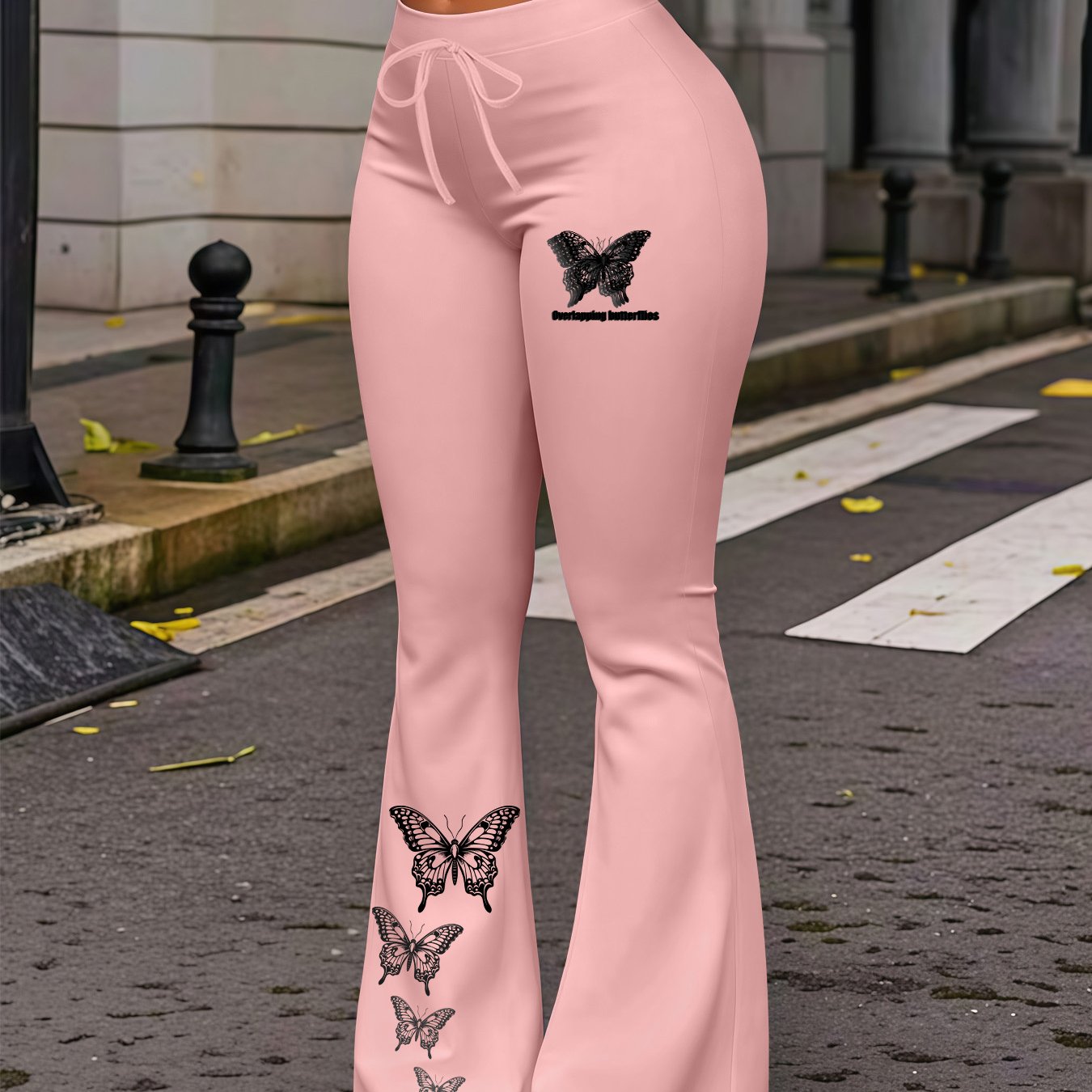 TEMU European And American Autumn Women's Thigh And Calf Print Pattern Pants With Drawstring Waistband, Daily Casual Comfortable Slim Fit Stretchy