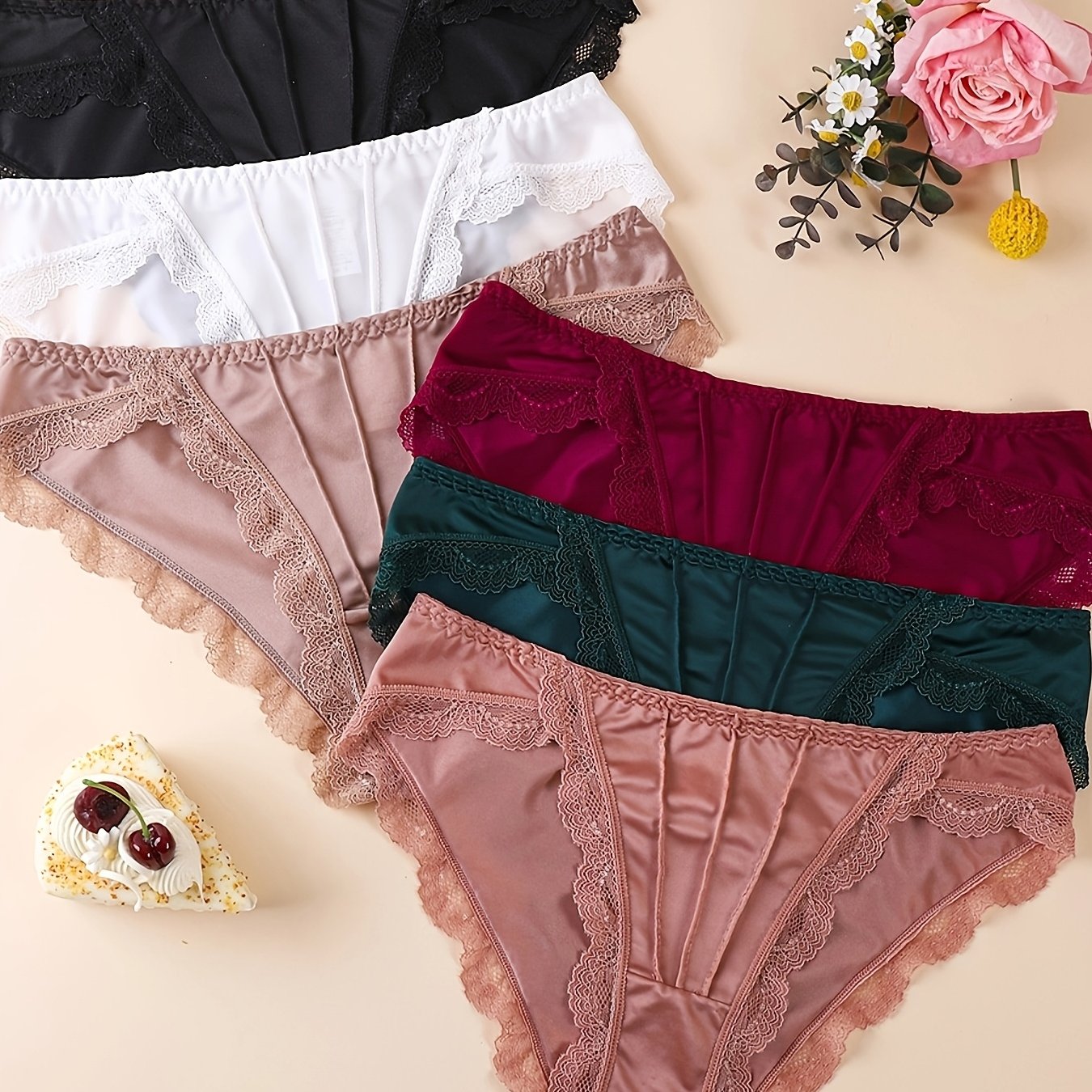 TEMU Set Of 6 Lace Trim Panties For Women, Featuring A Low Waist Design, Made From Soft And Comfy Fabric, In Solid Colors With Contrasting Lace