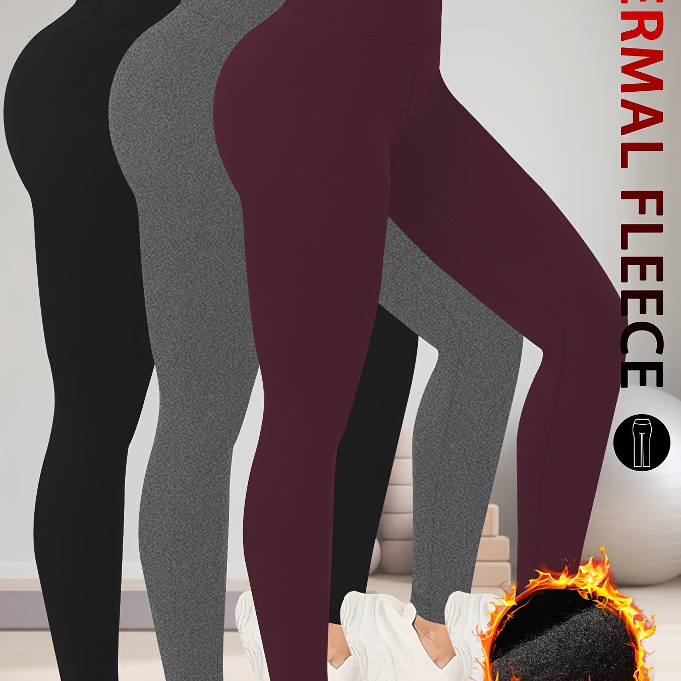 TEMU Set Of 3 Women's Thermal Fleece-lined High-waisted Leggings. Comfortable Winter Workout Tights, Soft Yoga Pants