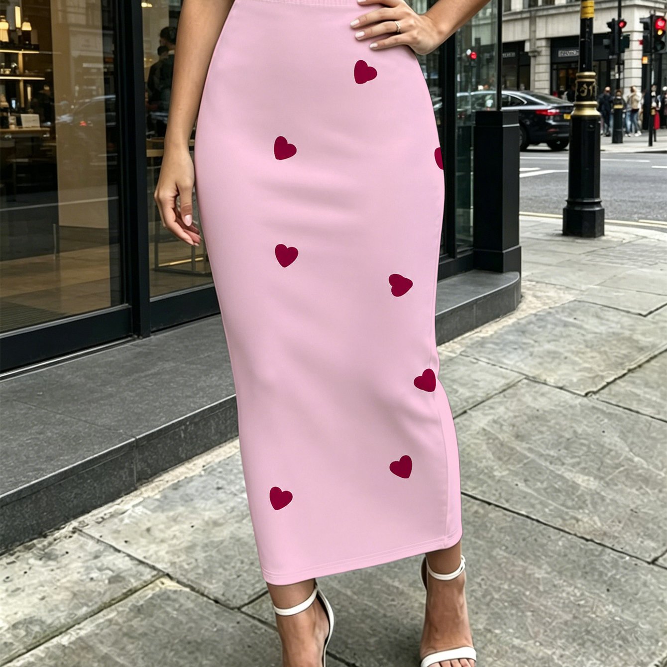 TEMU Pink Heart Pattern Womens Printed Medium To Long Tight Fitting Hip Hugging Skirt Living Room Bedroom Street Travel Outdoor Party Casual Wear