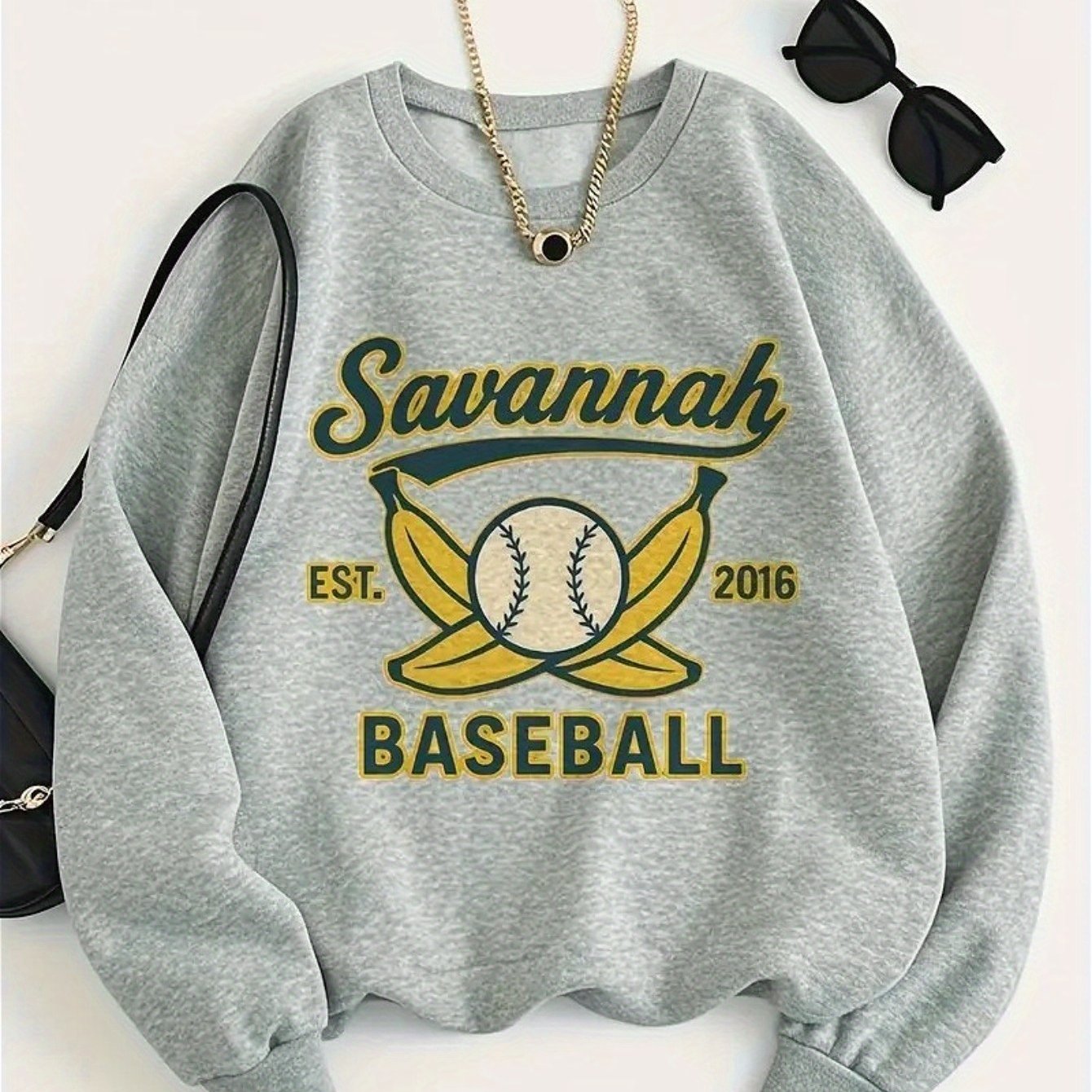 TEMU 1pc Of Women's Casual Crew Neck Sweater Featuring A Print Of " 2016" Along With A Banana And Ball Graphic, Designed As A Long Sleeve Pullover Suitable For Autumn And Winter, In A Grey Fabric