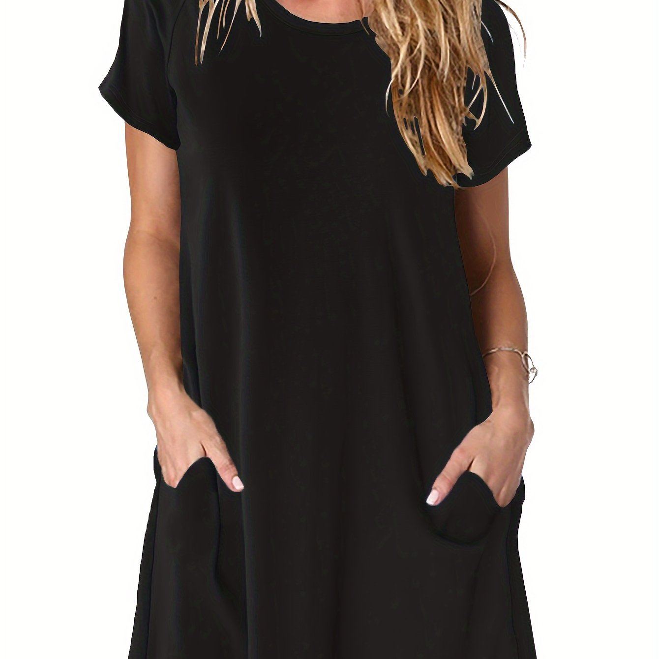 solid crew neck dual pocket dress casual short sleeve dress for spring summer womens clothing