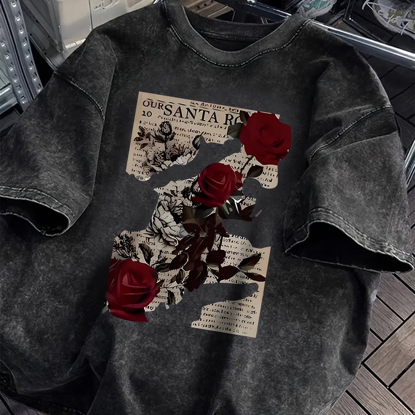 Image of Flower Print Loose Round Neck Fashion Women's Wash Short Sleeve