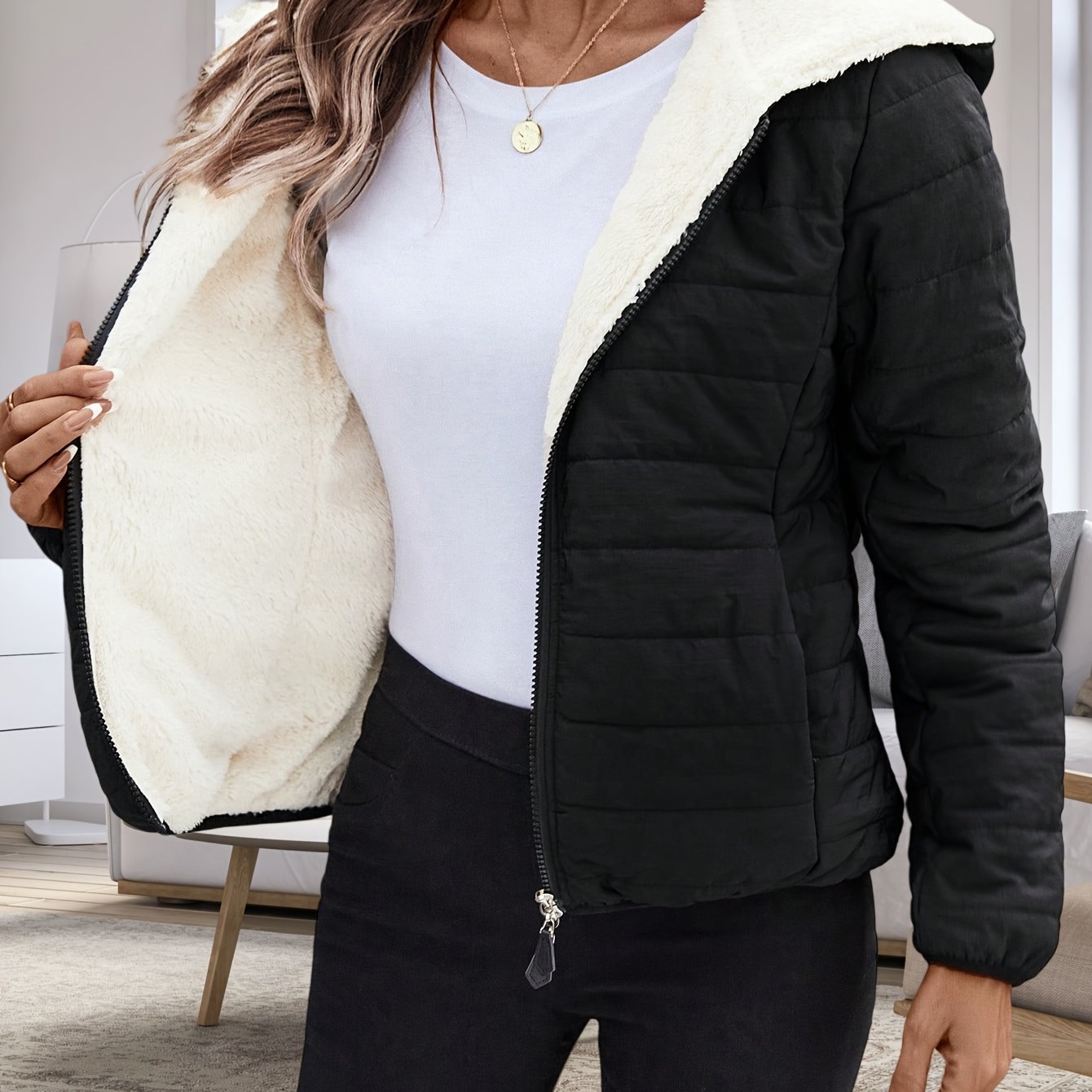 Women's Lightweight Thermal Padded Jacket With Quikzip Front - Long Sleeve Winter Coat, Pockets & Elegant Casual Outerwear (regular Fit, Solid Color) For Cold Weather Layering