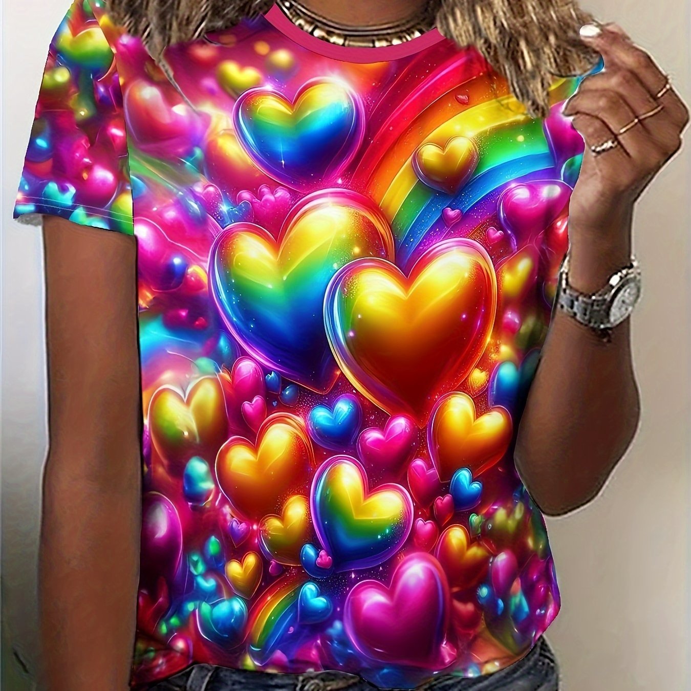 Heart Neck T-shirt, Casual Short Sleeve T-shirt For , Women's Clothing
