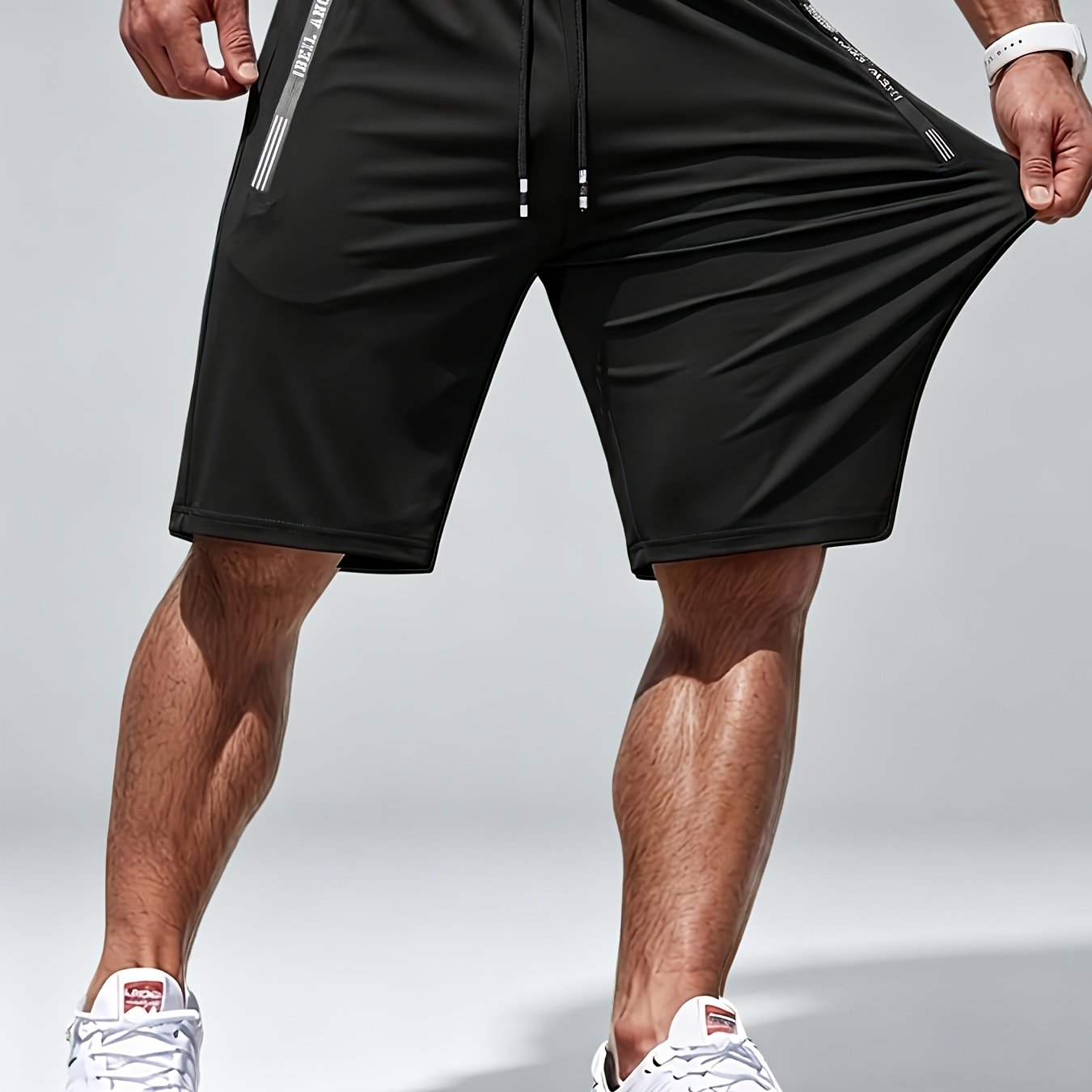 TEMU Men's Summer Casual High-stretch Knee-length Shorts, Breathable And Quick-drying, With Drawstring Waist And Letter Zipper Pockets, Suitable For