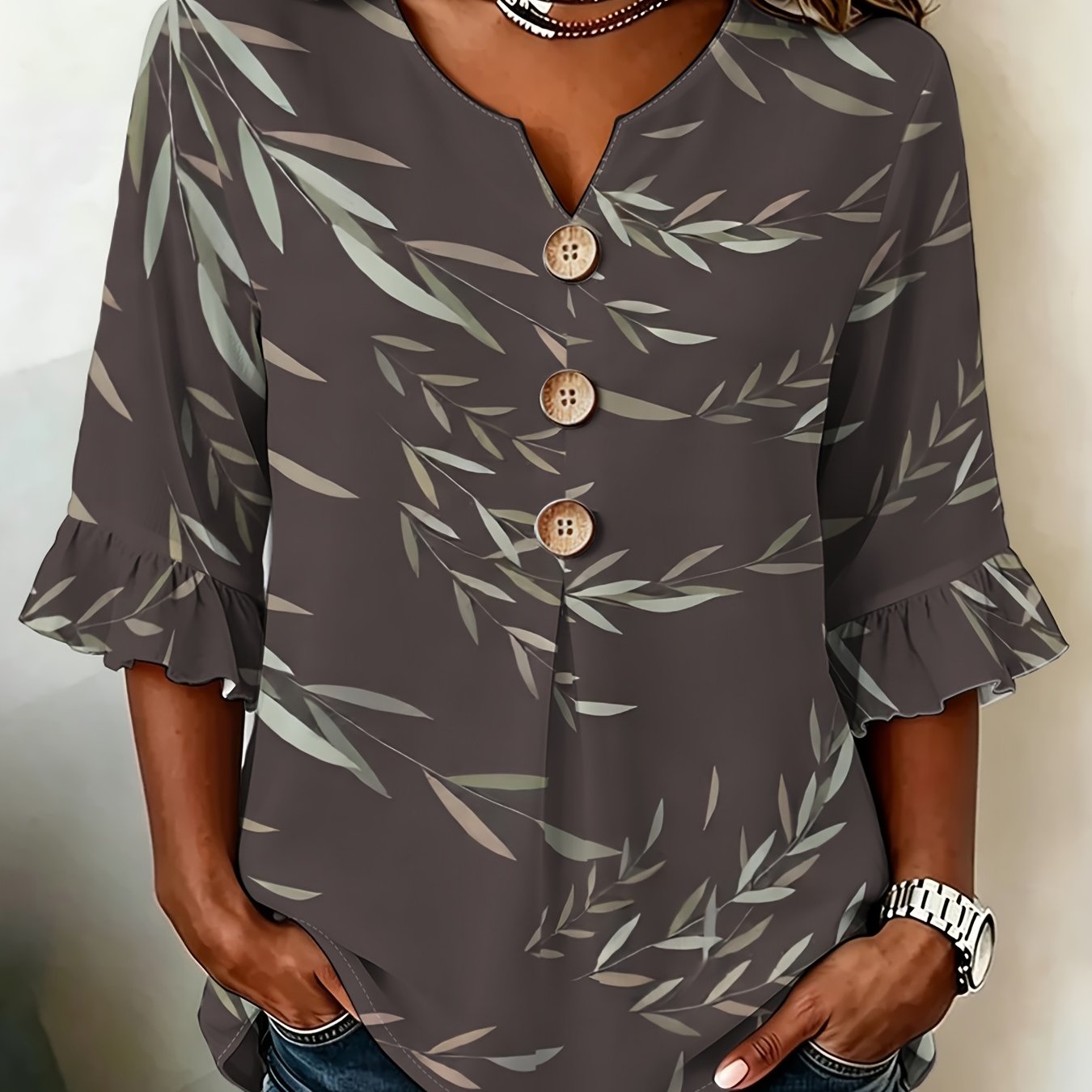 TEMU Plus Size Women's Summer Fashion Printed Shirt, V-neck Sleeves, Fabric, Mixed Colors With Exquisite Branch And Leaf Pattern, Multiple Sizes ,