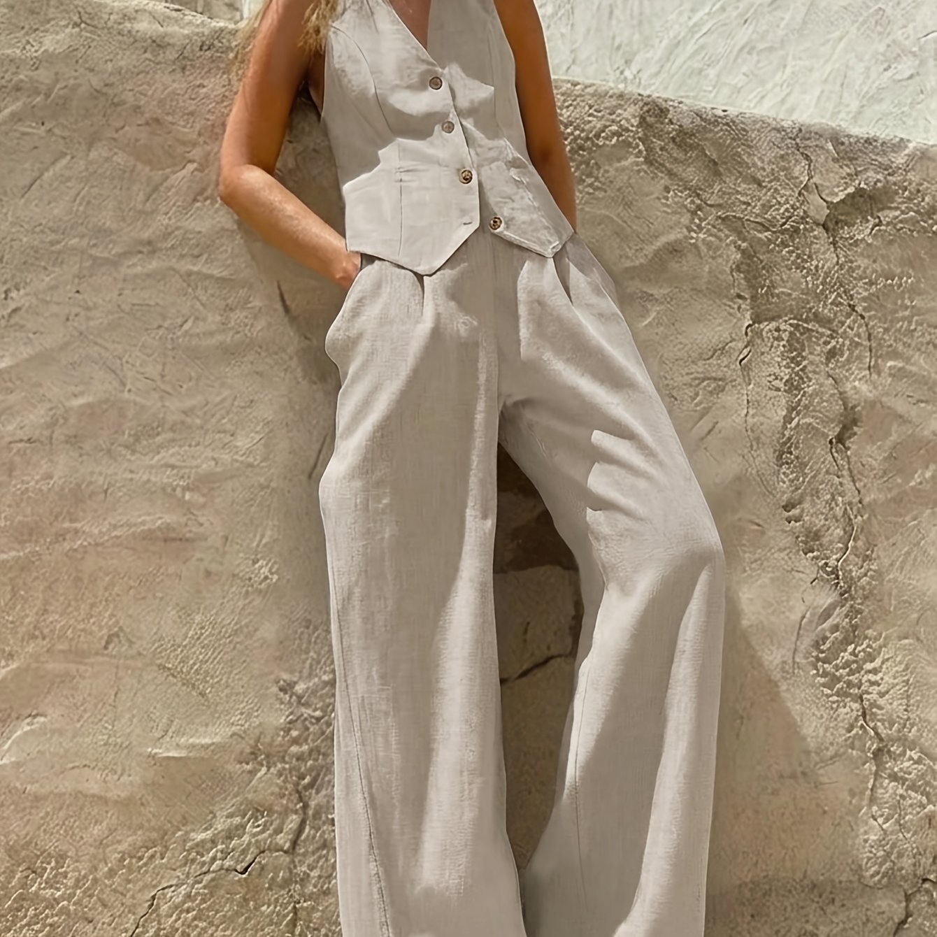 TEMU 2pcs/set Women' Color Button Up Deep V Neck Sleeveless Vest Tops And High Waist Wide Leg Pant With Pocket Casual Set, Linen Color Linen Suit,