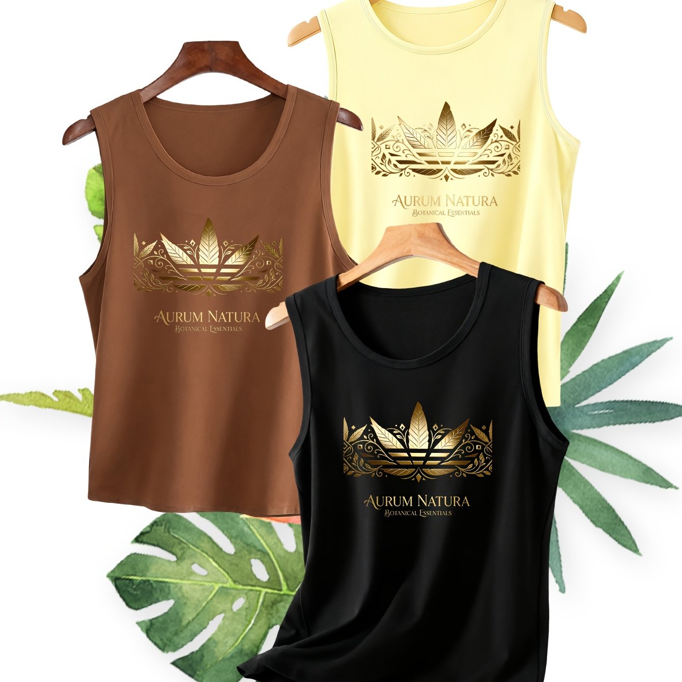 TEMU 3pcs Set, Multiple Colors , Women's Tank Top, Golden Botanical Totem Print Crew Neck Tank Top, Spring/summer Fashion , Women's Top