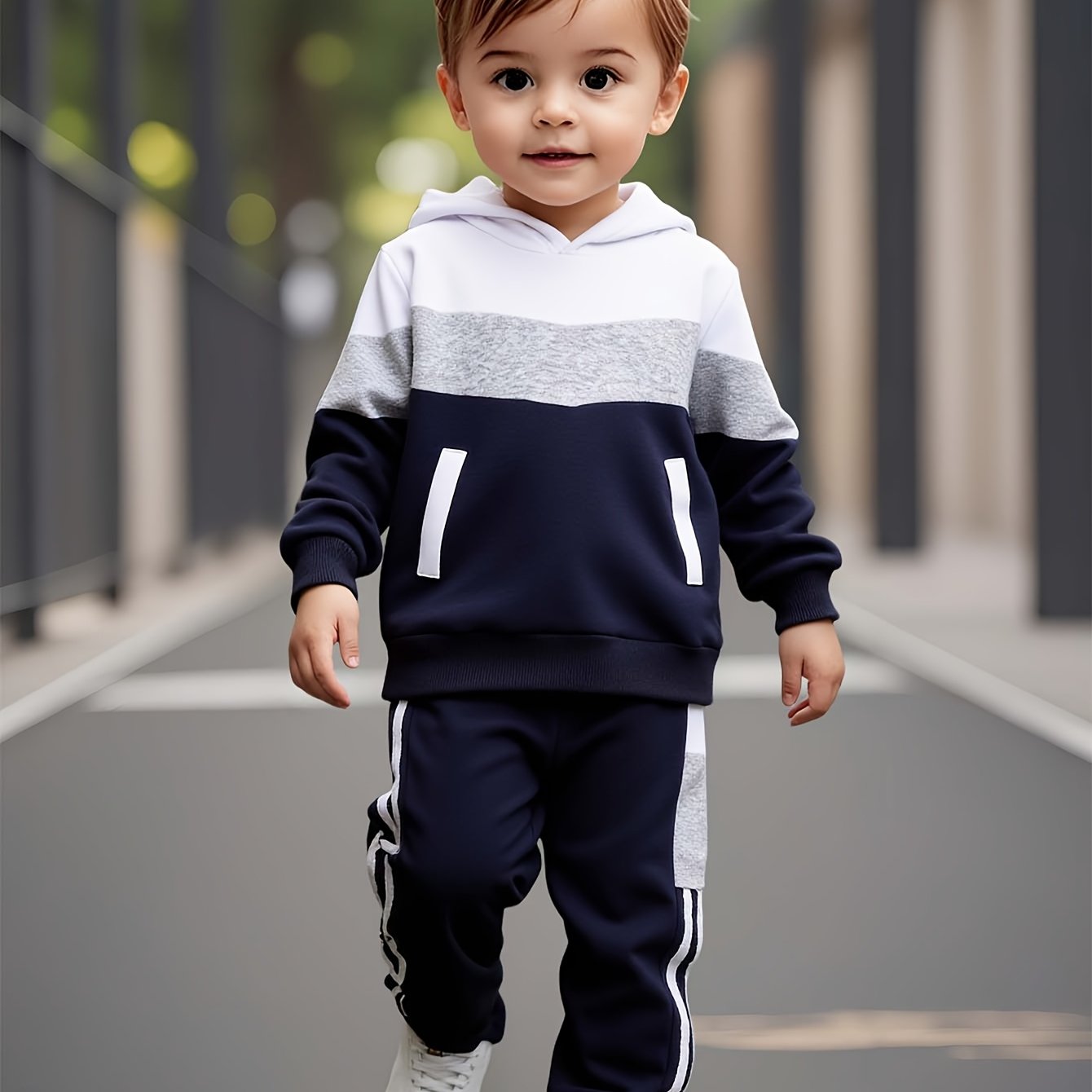 Image of Boys' Fashion Autumn/winter Set: White + Gray + Navy Blue Crewneck Hoodie And Casual Long Pants, Perfect For Outdoor