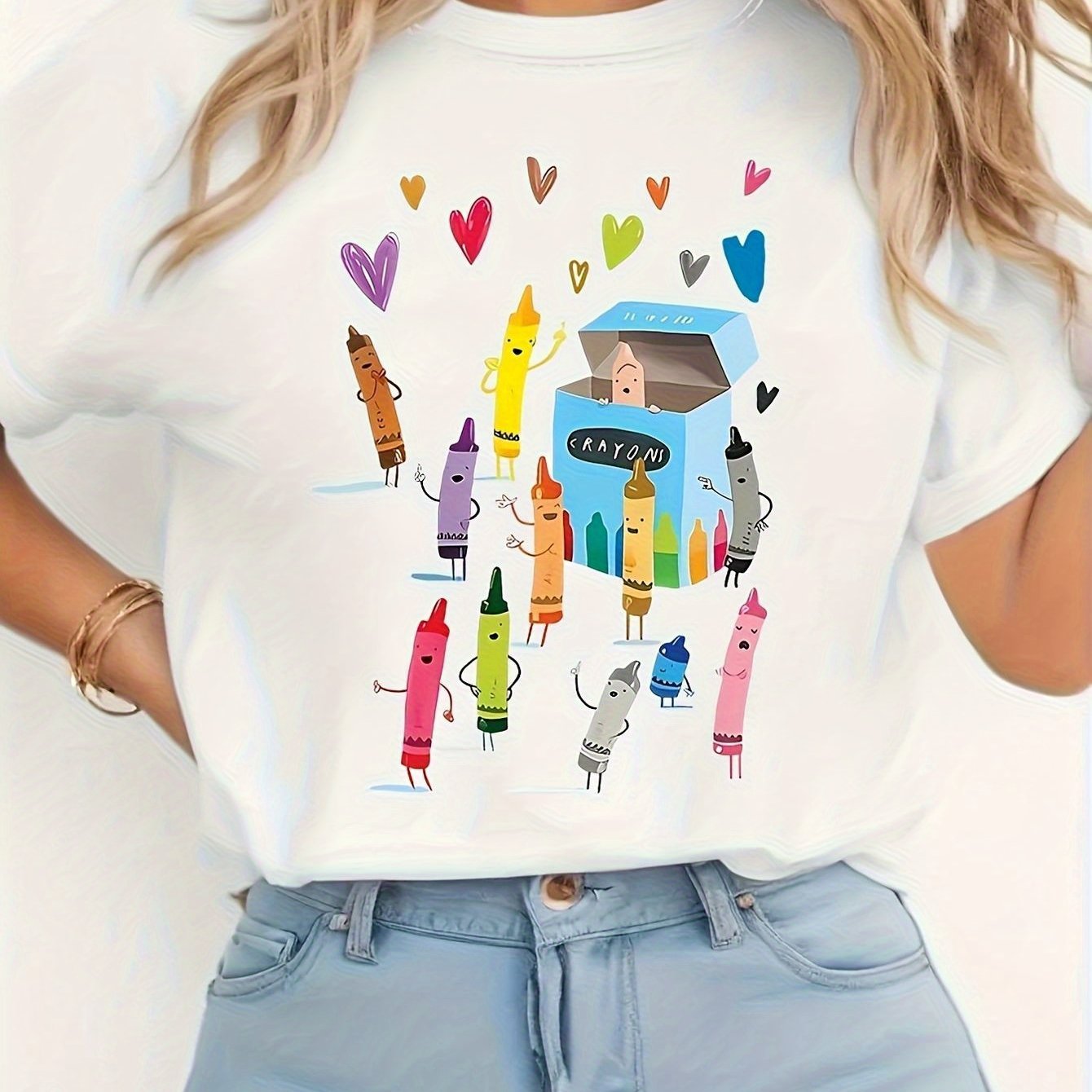 TEMU Men's 100% Cotton Crayon Print T-shirt - White Casual Short Sleeve Crew Neck Tee With Colorful Crayon & Crayons , - For Spring Summer Fall,