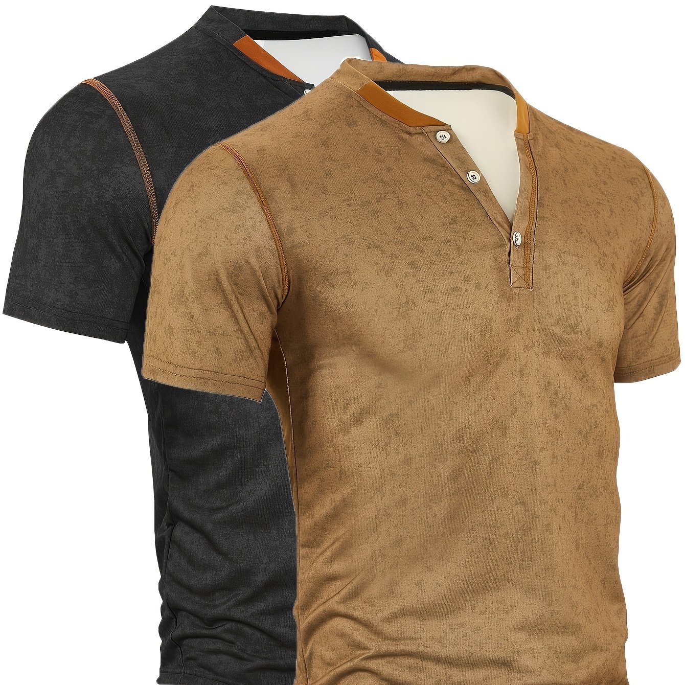 TEMU 2pcs Pc Men's Distressed Henry Collar T-shirt | Contrast Button & Topstitching Suitable For, Casual Streetwear, Spring Summer Short Sleeve Round