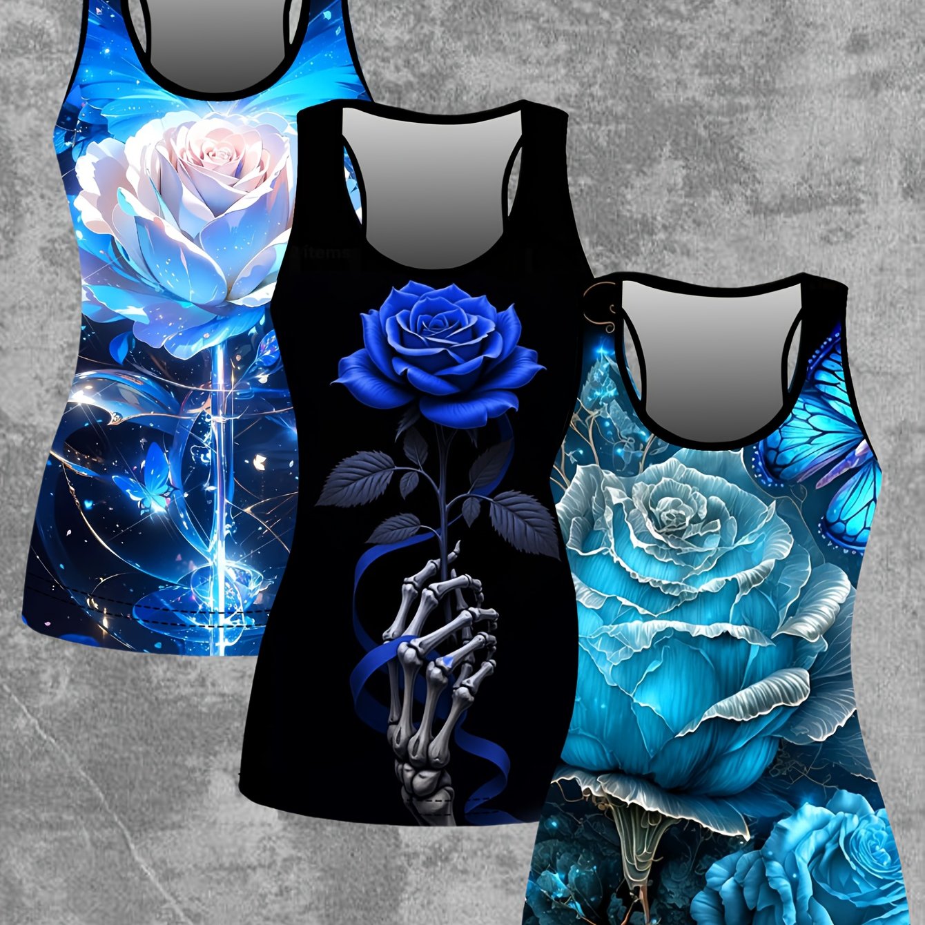 TEMU Set Of 3 European And American Women's Spring And Summer New Style Camisole Featuring Print Of Blue Butterflies And Roses