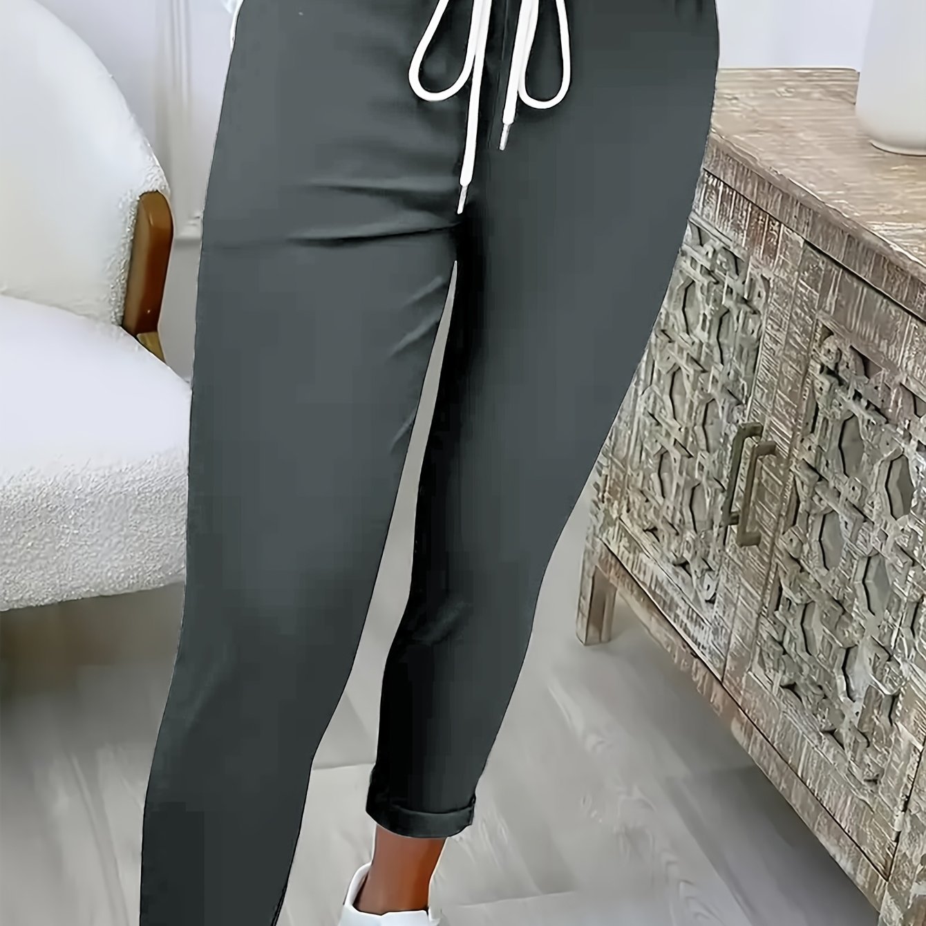 Image of Women's Four-season Fashion Drawstring High-waisted Smooth Fabric Machine Washable Joggers Long Pants Bk032301