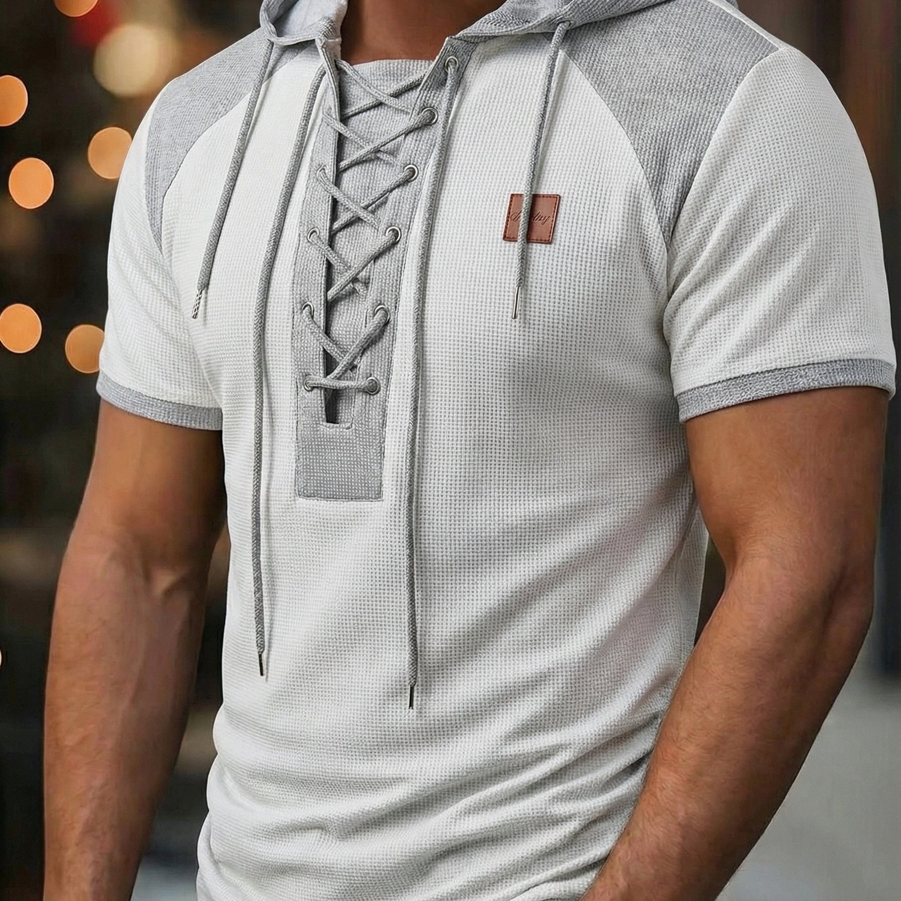 E-shop ROYALBOY Frühling Neuheit: Kapuzen-Kurzarmshirt mit zweifarbigem Waffelstrick-Patchwork Ösen-Zugband-Design. Vielseitig für den , modischer
