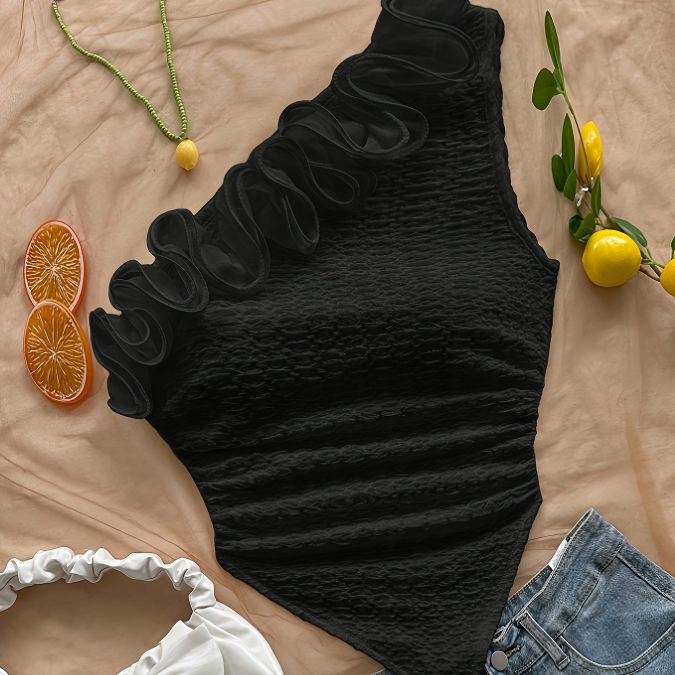 TEMU Casual Elegant Women's Hot Outfit Romantic Lace Flower Embellished T-shirt Bodycon Top Asymmetrical Hem Bohemian Beach Off- Crop Top Sexy Hot