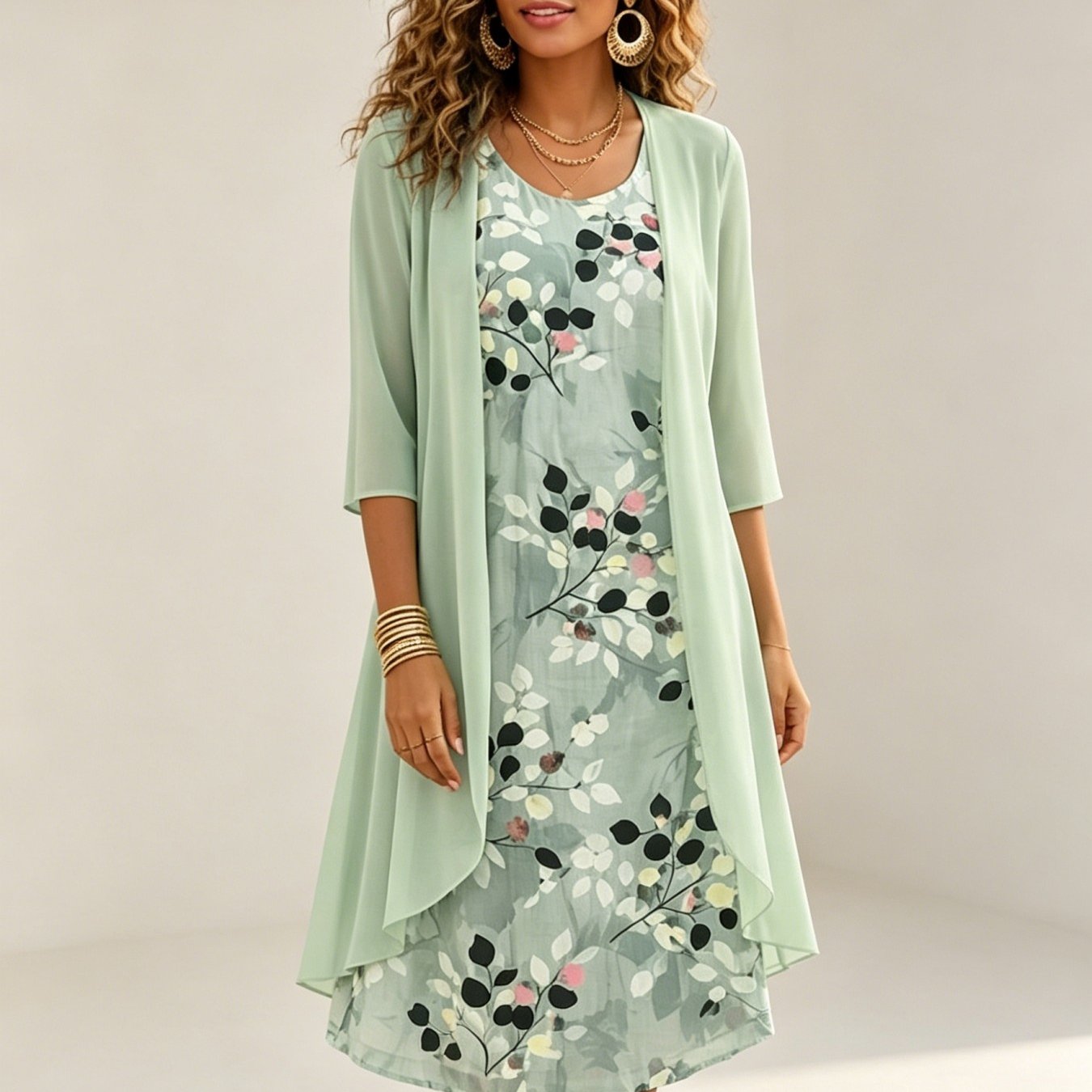 TEMU New Elegant Women's Summer Clothes, 2pcs Set, 's Floral Print Round-neck Dress And Long Sleeve Cardigan, Lightweight Coat For Women, Perfect