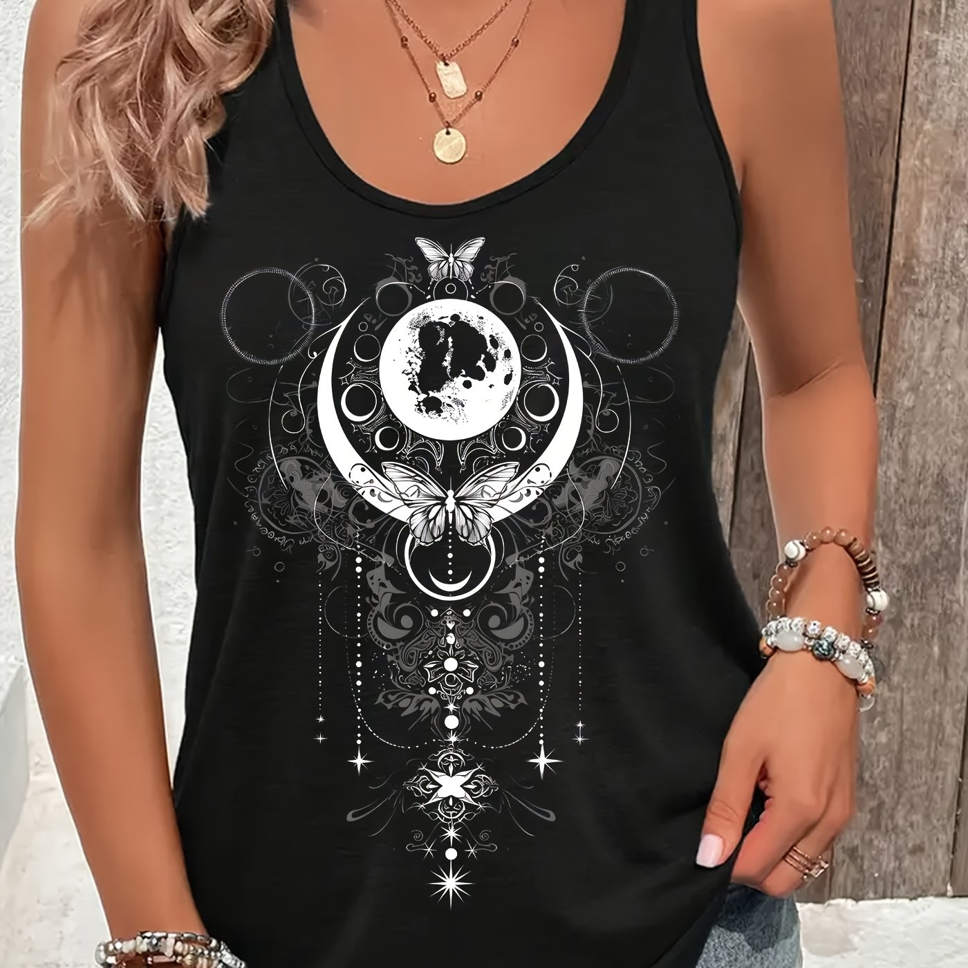 Image of Ladies' Star And Design, Print, Casual Off-shoulder Sleeveless Round-neck Loose Tank Top, Comfortable, Easy, And Breathable