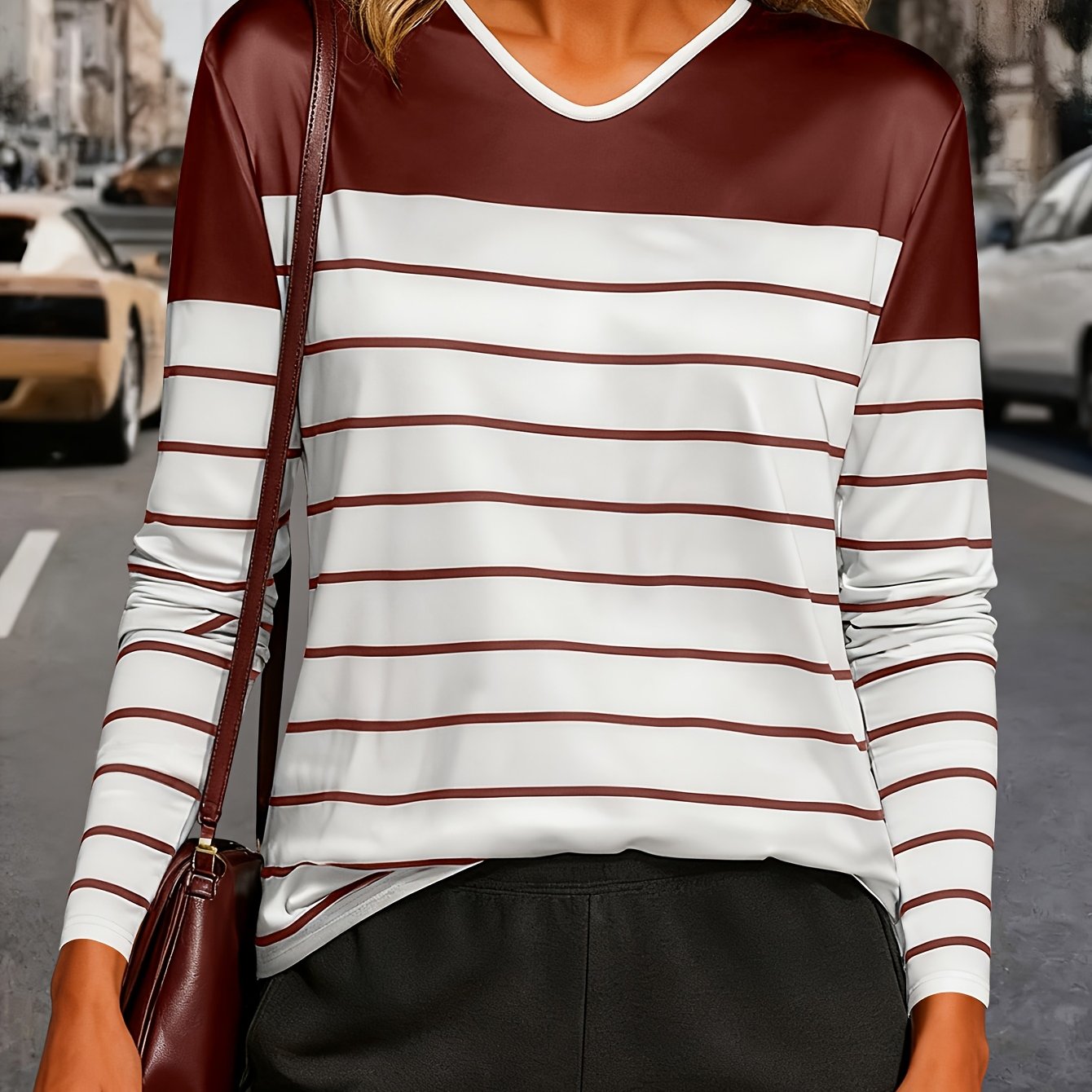 TEMU A Stylish Long-sleeve Top With A , Featuring A Retro Minimalist Striped Design, Perfect For Casual And Cozy Everyday Wear In Autumn And Winter