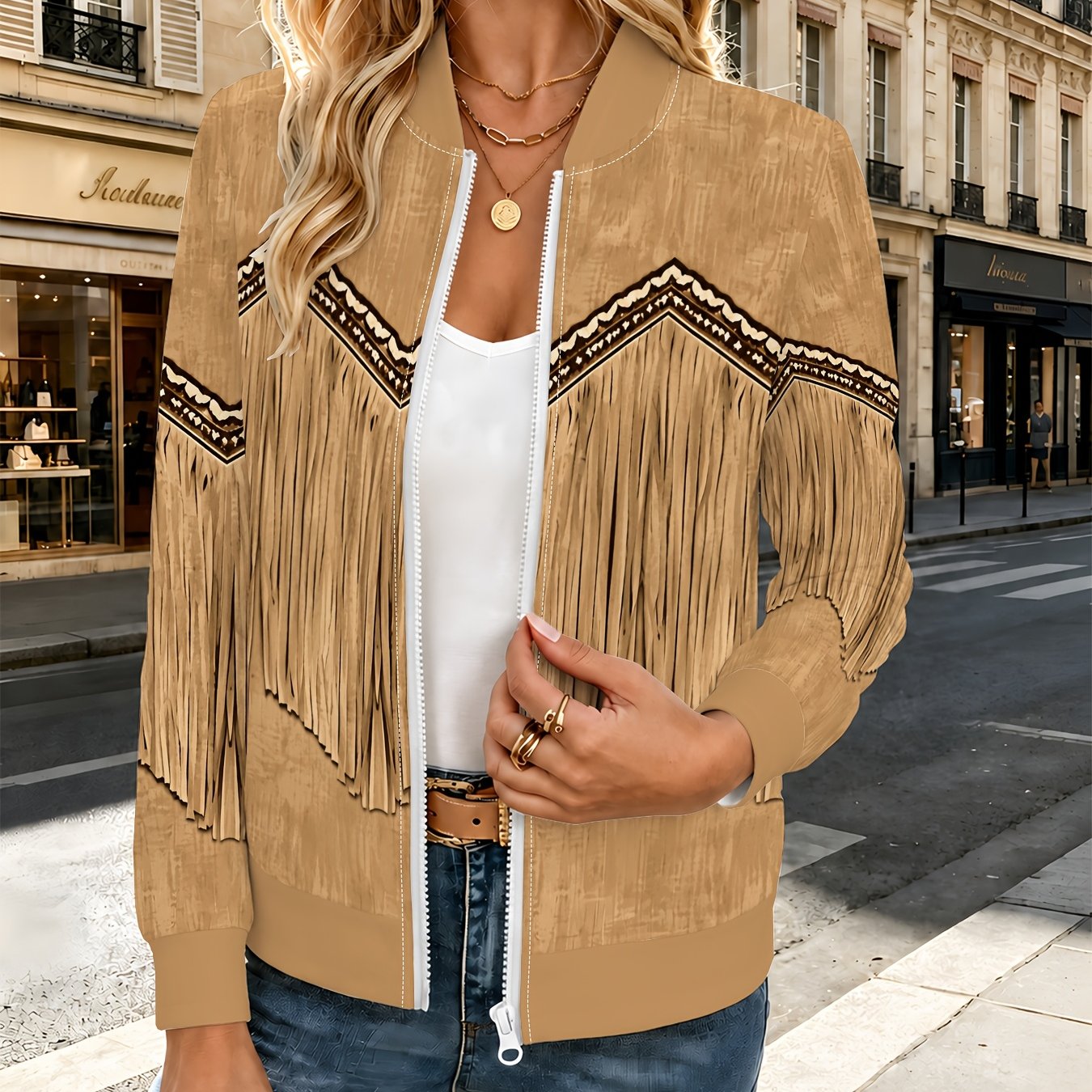 TEMU Women's Jacket Zipper Shirt, Women's Baseball Top, Jacket Outerwear, American Fringe Ethnic Pattern, Western Bohemian Style, Music Festival
