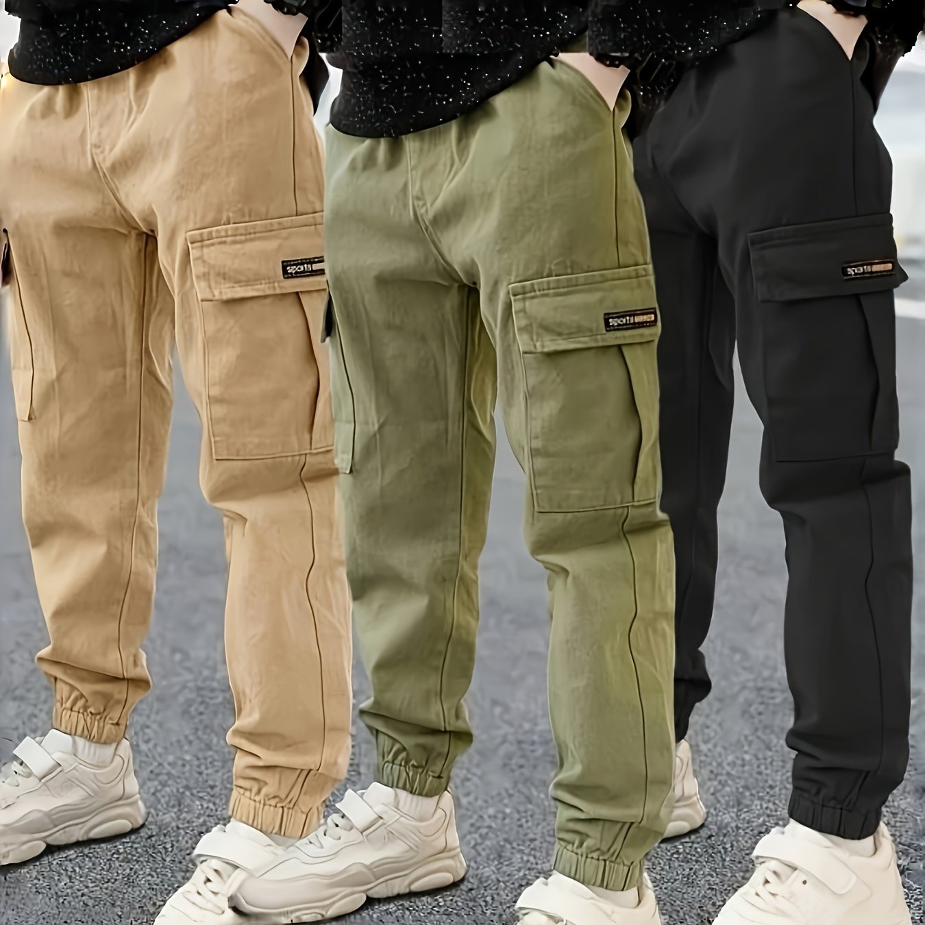 Image of 3pcs Set Of Children's Cargo Pants, Boys' Tactical Long Pants, Casual Non-stretch Solid Color With Pockets, Elastic Waist, Loose - Spring/, Suitable For Outdoor Wear, Perfect For Outdoor