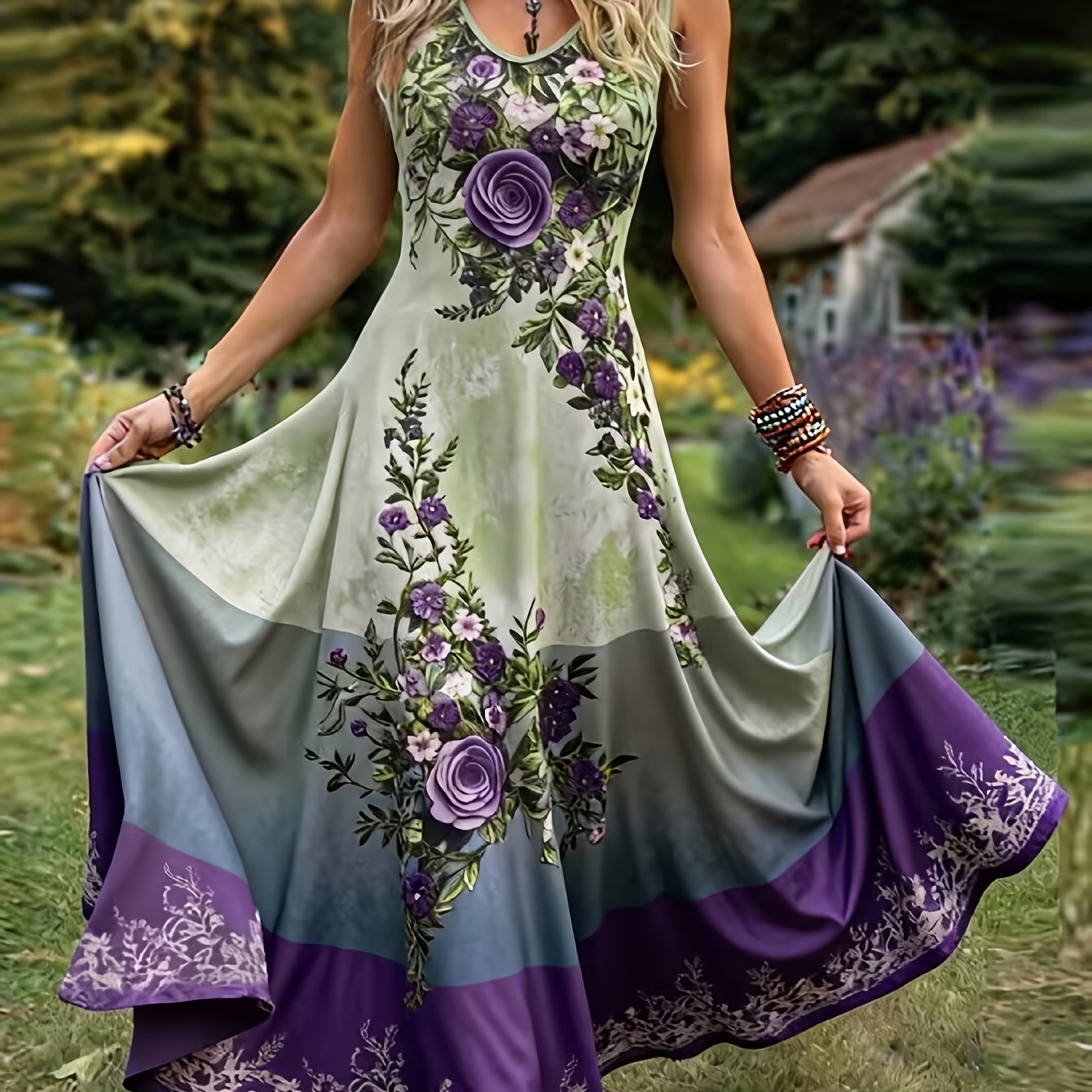 TEMU Women's Elegant Color-block Purple Lavender And Floral Print Sleeveless Maxi Dress