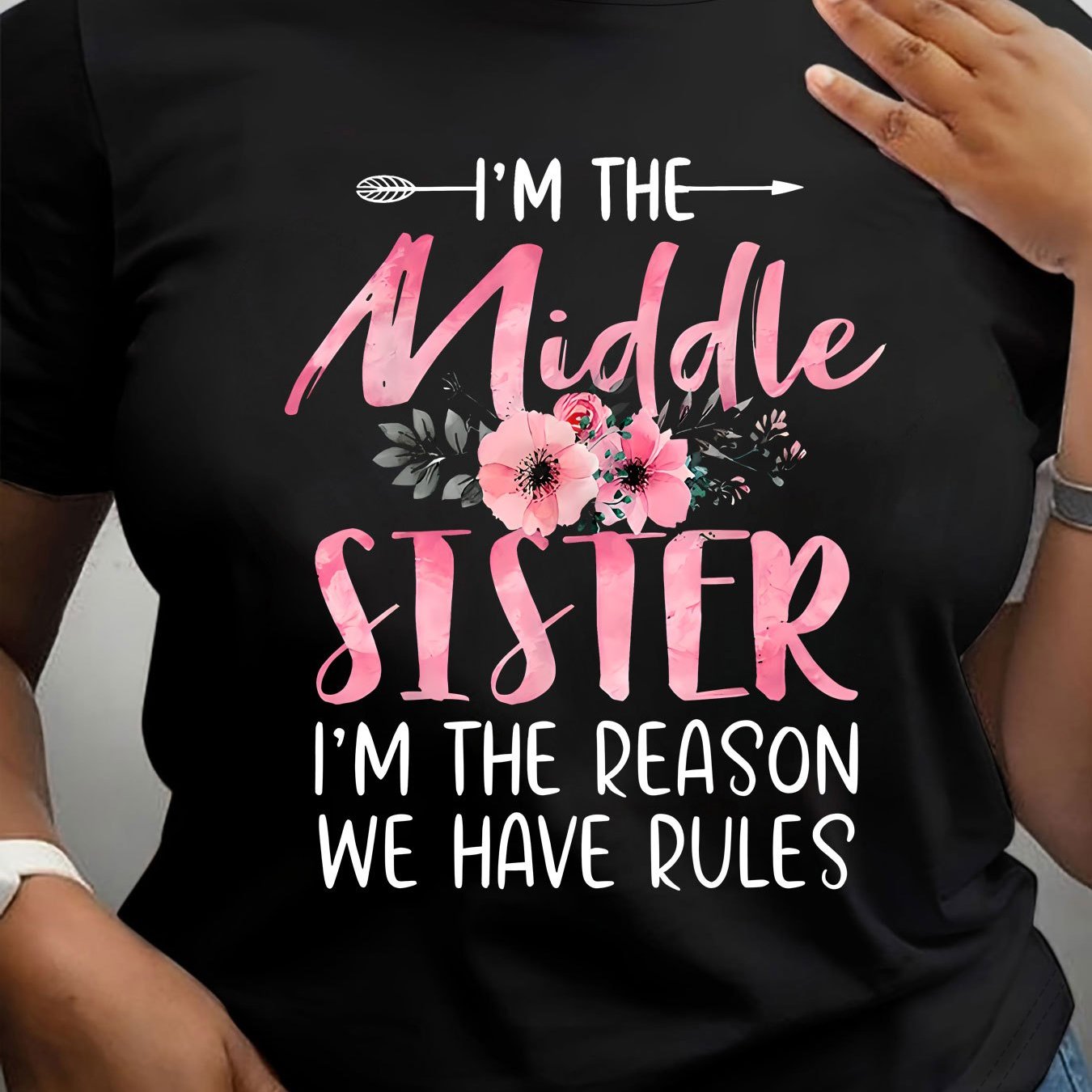 TEMU 1pc Plus Size Casual T-shirt With "i'm Sister" Letter Print, Short Sleeve Round Neck Top, Polyester Knit Fabric, Geometric For
