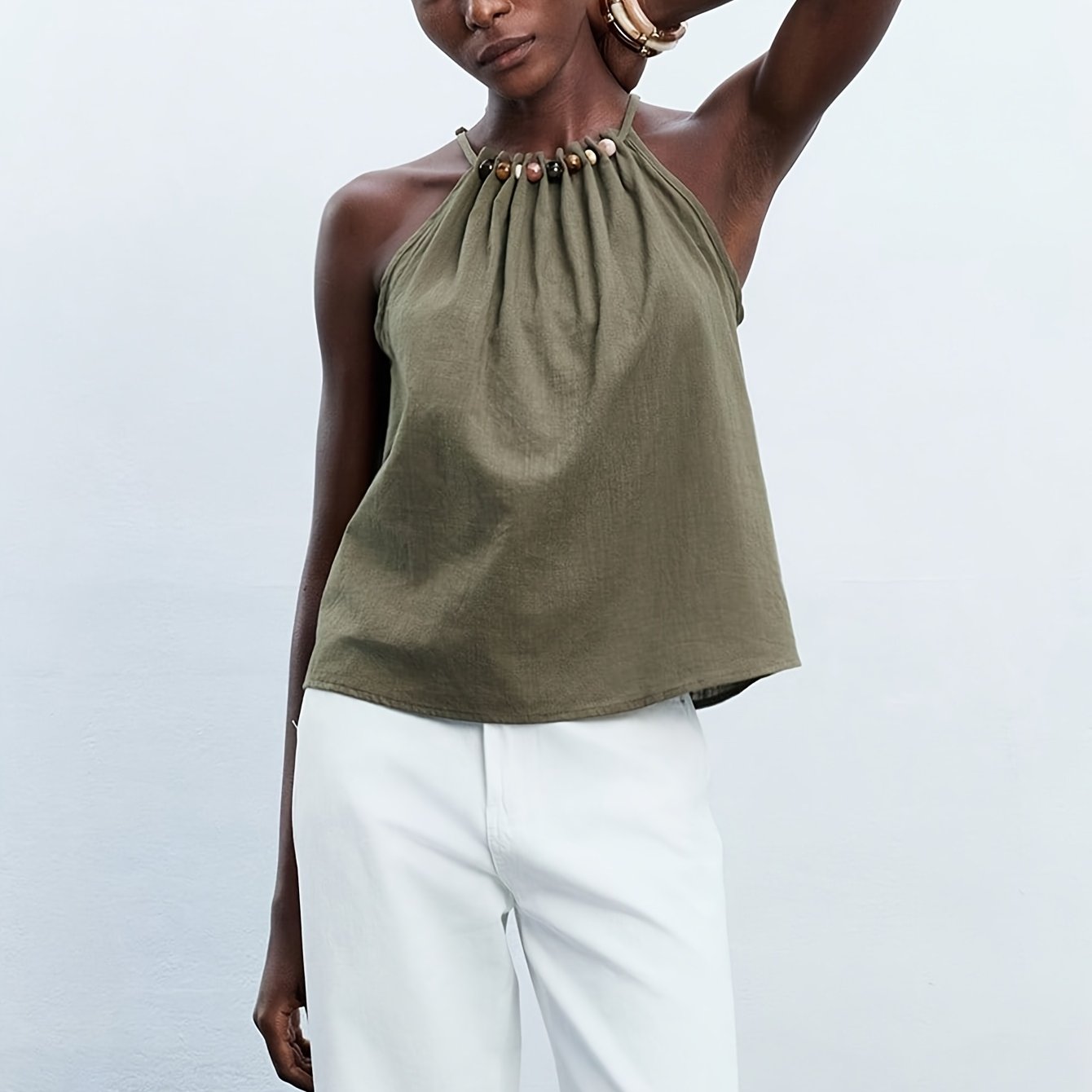 Image of Women's Handmade Beaded Pastoral Style Top, Solid Color Ruched Cami Vest, Suitable For And Beachwear, Romantic And Fashionable, Versatile And Wear
