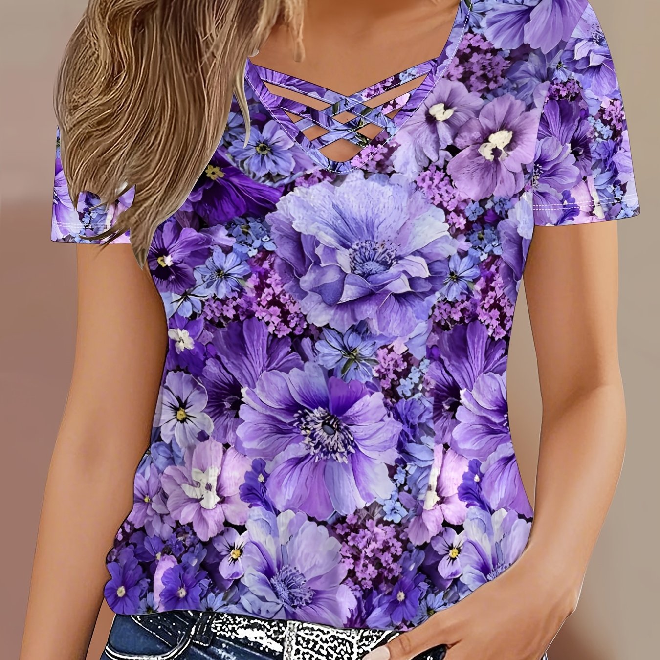 TEMU [targeted] [elegant Cross Design T-shirt] Summer New Cross V-neck Short-sleeved Women's T-shirt Slim-fit Slim And Sexy Hollow Out Bottoming Top