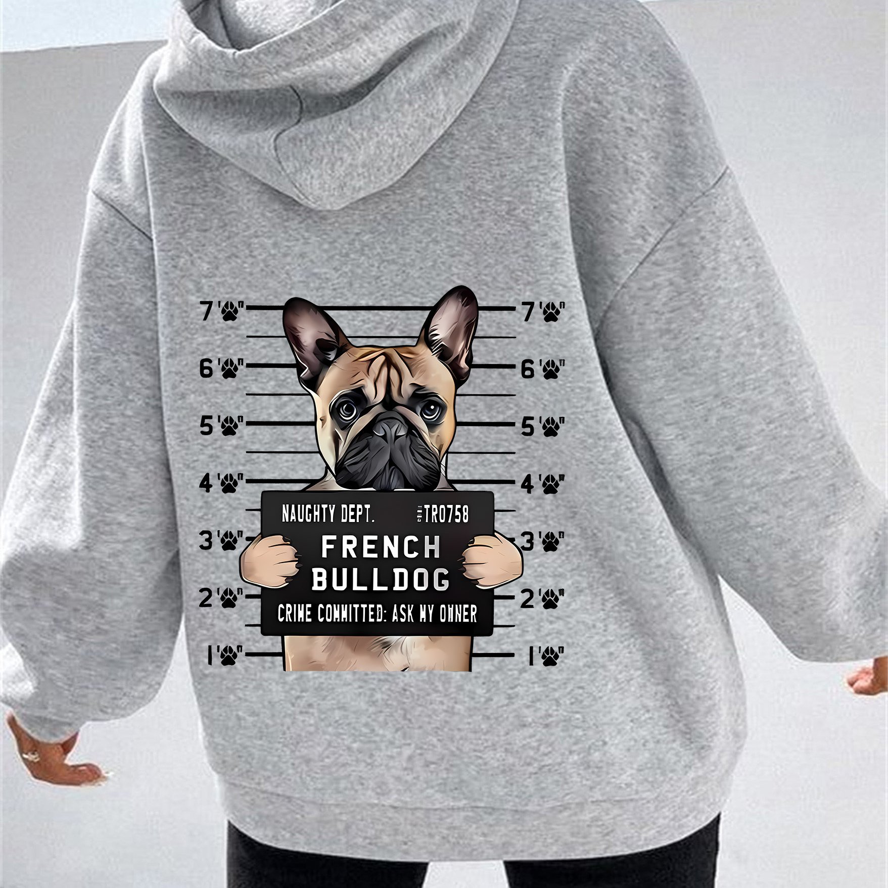 TEMU Women's French Bulldog Hoodie With Height Chart Print, Casual Knit Pullover With Kangaroo Pockets, Stretchy Polyester, Fashion Top For Leisure &