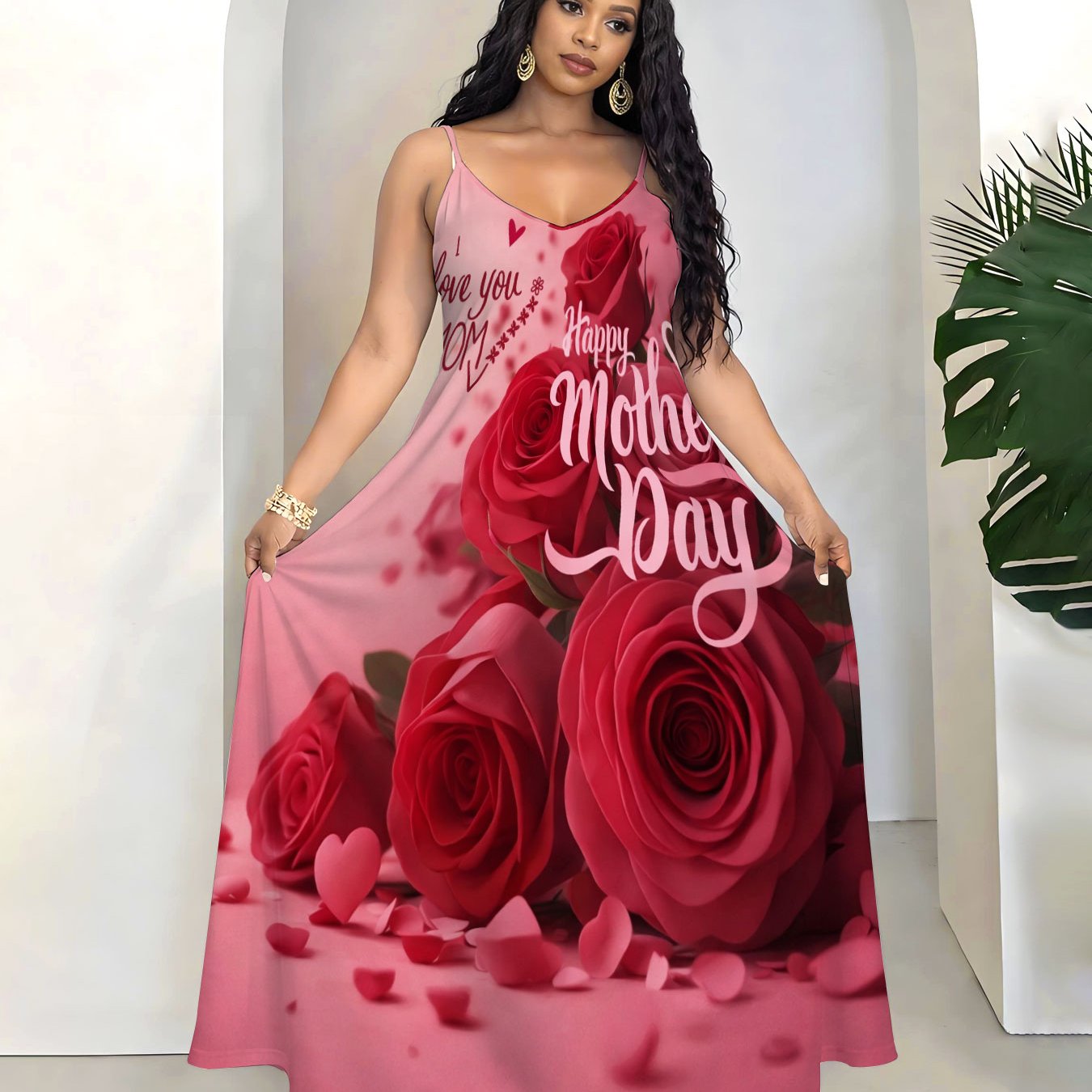 Happy Women's Fashionable Roses Love Print Slim Shoulder Suspender Dress Sleeveless Long Aline Skirt For Spring And Summer, Ideal For Casual Sporty Outfits