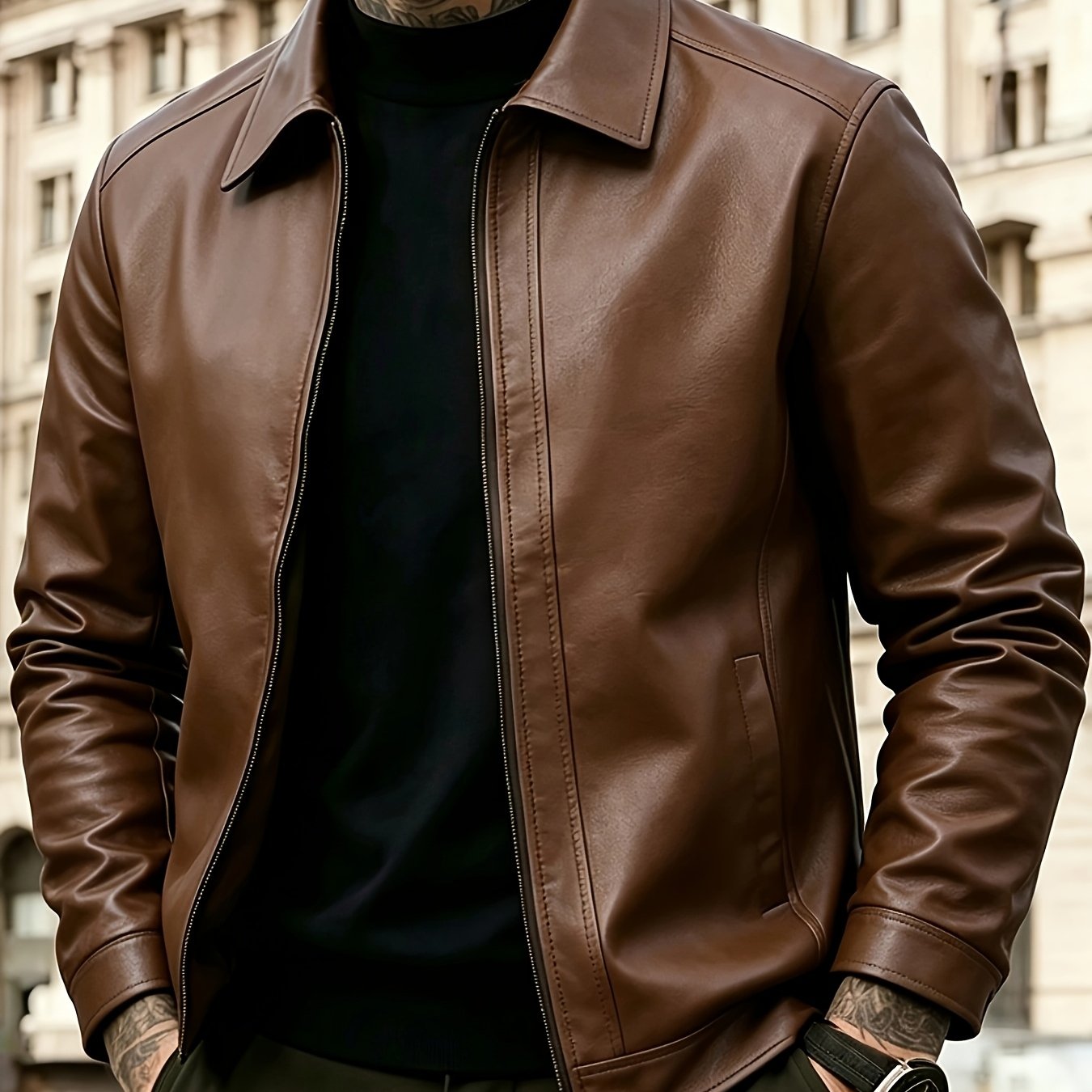 TEMU Men's Jacket, Classic Lapel Zipper Outerwear, Slim Fit, Windproof, Casual Motorcycle Rider Jacket, Suitable For Spring And Autumn Daily Wear,