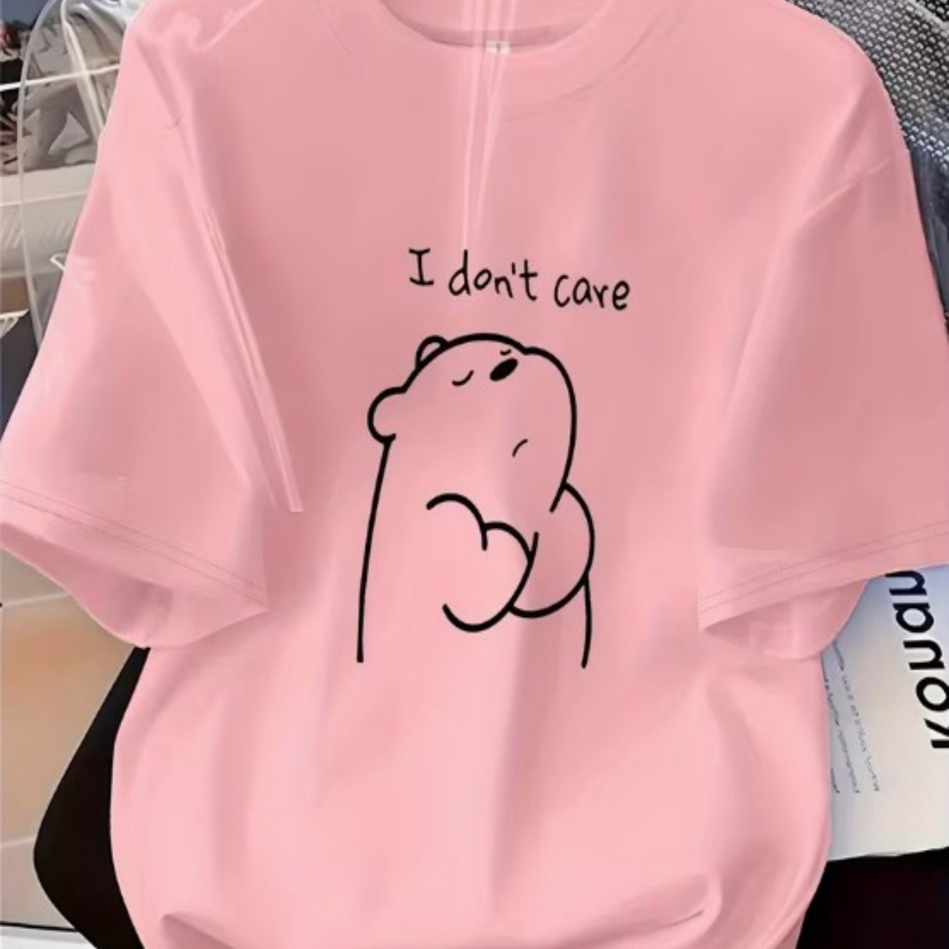 TEMU A Casual Short-sleeve Top Made Of With A Round Neck, With Lines And A Design. I'm . This Cartoon-printed Perfect For Spring And Autumn And Pairs