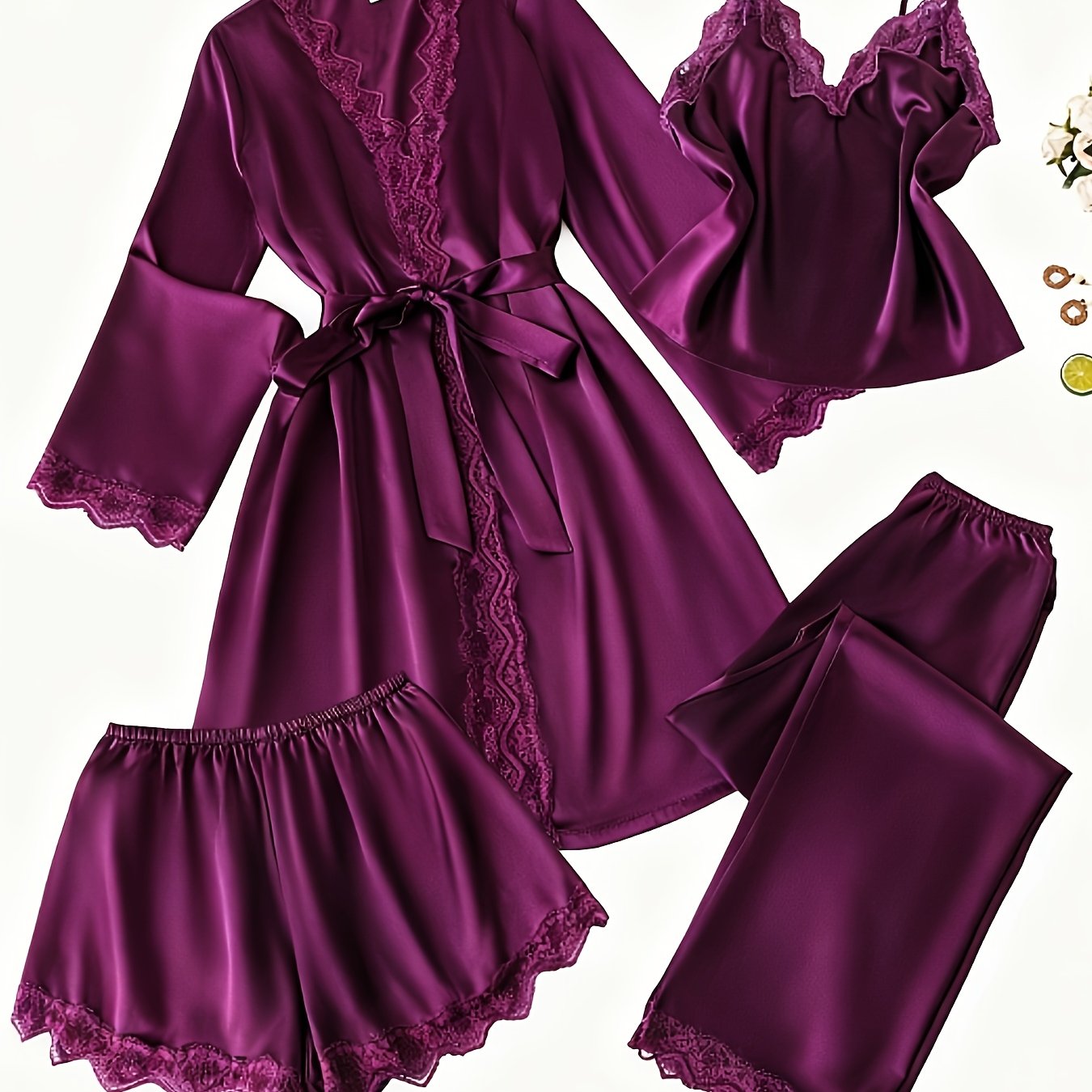E-shop Vier-teiliges Set aus Spitzen-Patchwork-Satin-Camisole, Shorts, langen Hosen und Bademantel