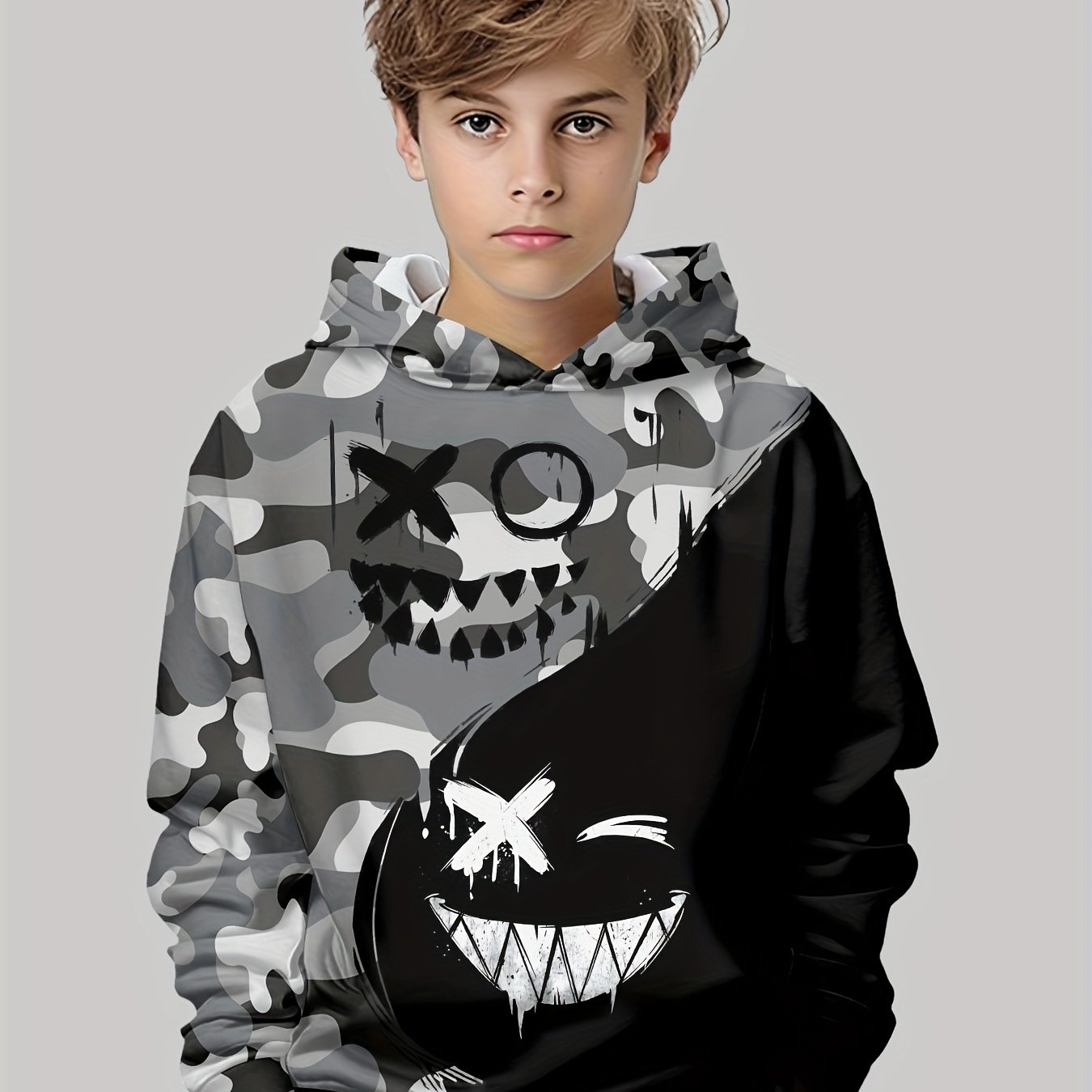 Image of Boys' Casual Pullover Face Long-sleeve Sweatshirt, Boys' Outdoor Casual Hooded Sweatshirt Top,fall And Winter Clothes