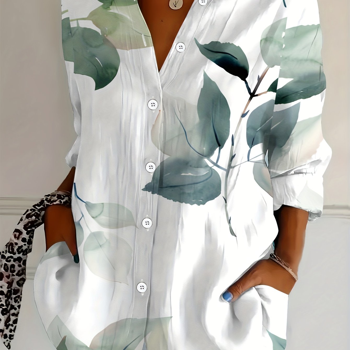 TEMU Plus Size Women's Long Sleeve Shirt, Print Blouse, Ink Style With Leaf Elements, Mid-length Women's Shirt, Elegant Green Casual Shirt, Soft And