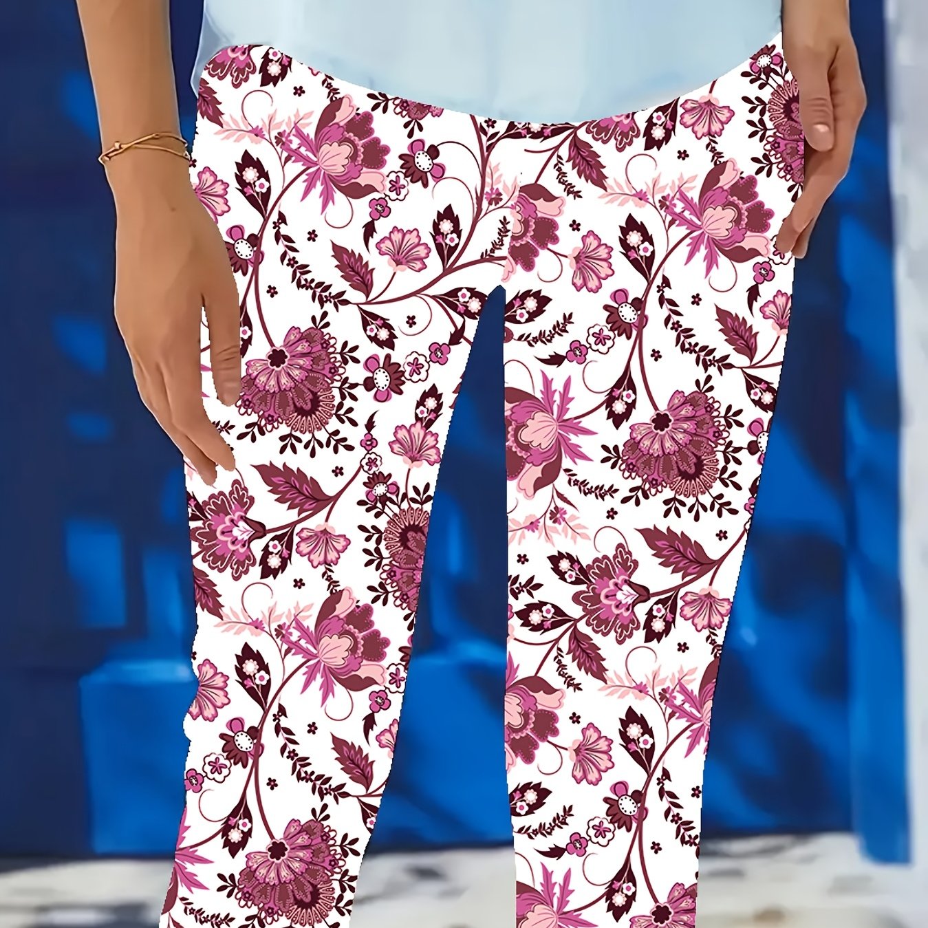 TEMU Plus Size - Plus Size - Plus Size Colorful Print 7-point Pants, Elastic Waistband Casual Stretch Pants, Suitable For Spring And Summer Wear,