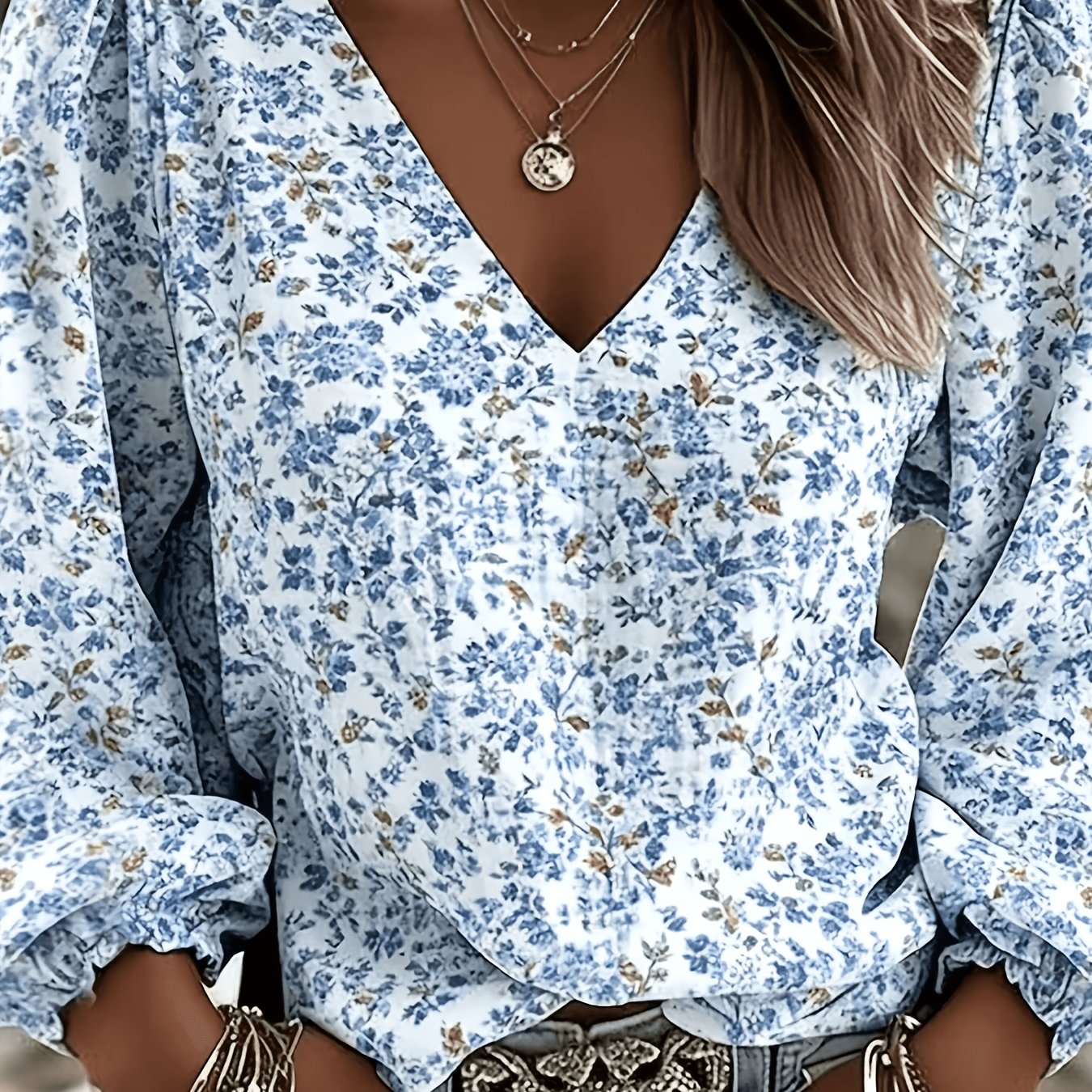 TEMU Haut à manches longues et col en V à petit imprimé floral pour et , T-shirt chemise élégant pour femme pour les vacances et les