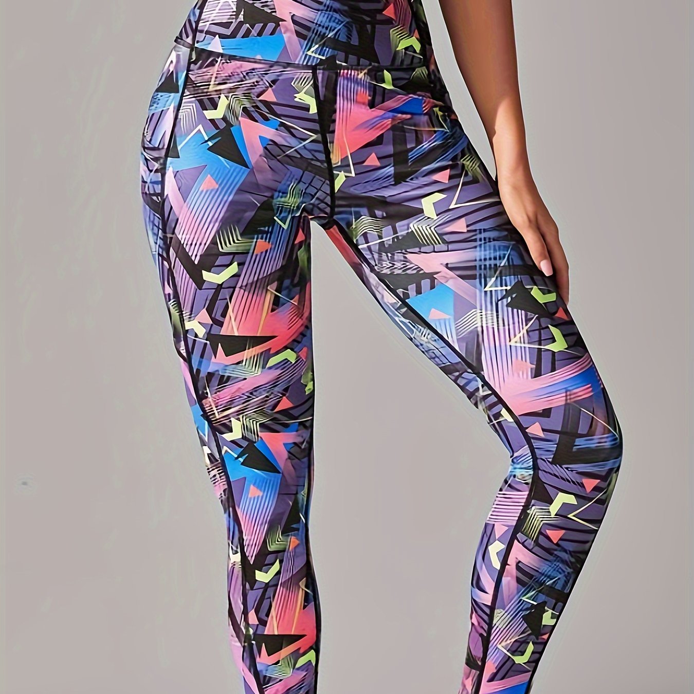 TEMU Geometric Pattern Color Block Yoga Pants, High Waist Running Sports Leggings, Women's Activewear