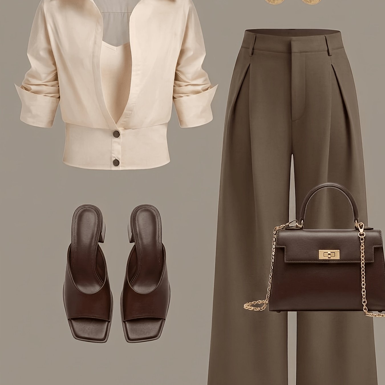 TEMU Collared Long-sleeve Shirt And High-waist Pants Women's Summer Set | Elegant, Minimalist, And Sophisticated Workwear Style, Suitable For Spring